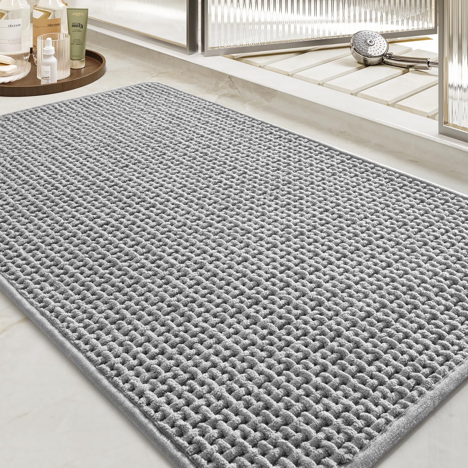 tchidio Soft Chenille Bath Mat-Super Absorbent Bathroom Mat Quick Dry- Rubber Backed Bath Mats for Bathroom Floor Non Slip- Machine Washable Bathroom Rugs Front of Bathtub,Shower Room,Sink-2435-GREY