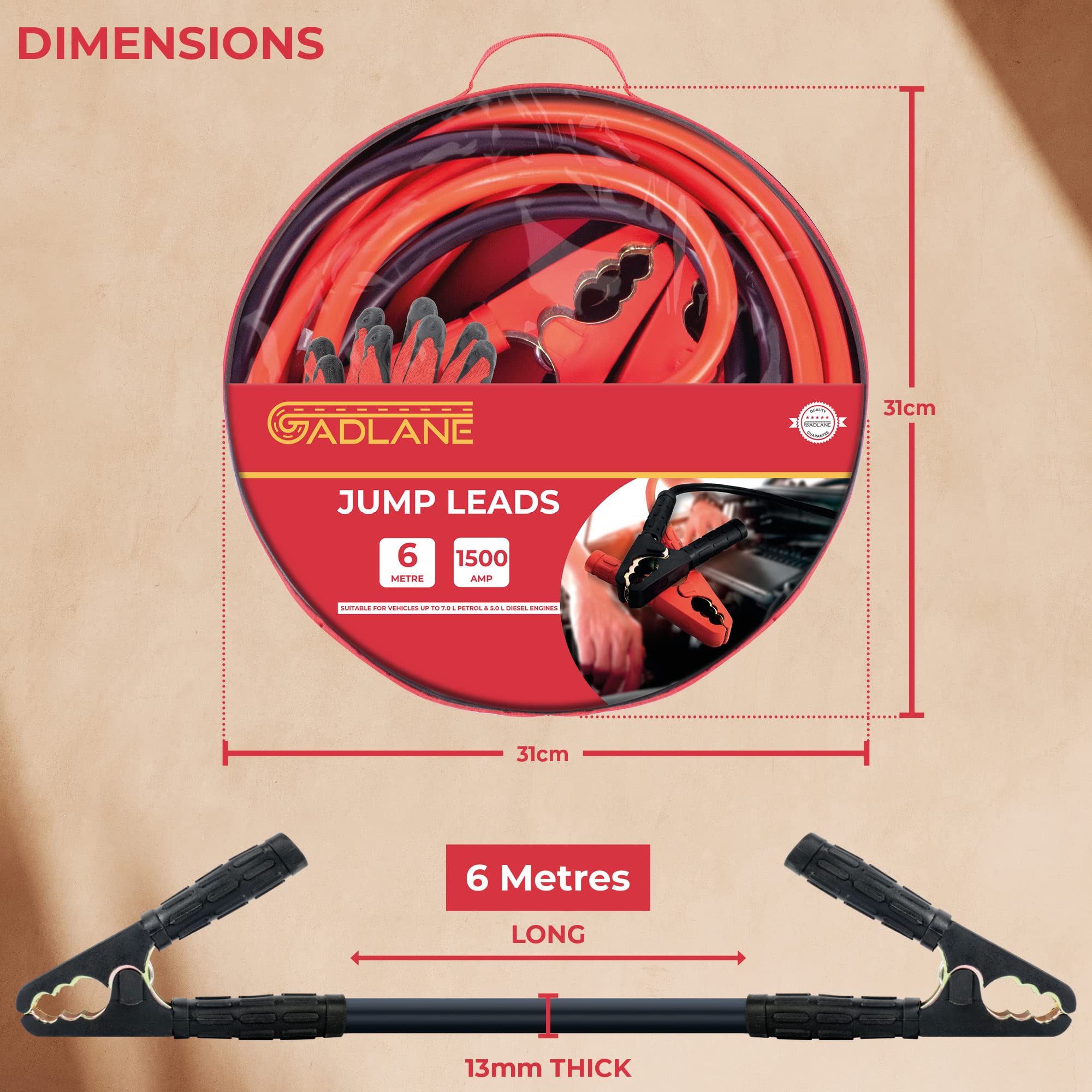 GADLANE Cables de salto de 6 m de largo, resistentes para batería de coche, cables de salto de 1500 amperios y 30 mm² de grosor con abrazaderas fuertes, para coches de gasolina y diésel (1500A)