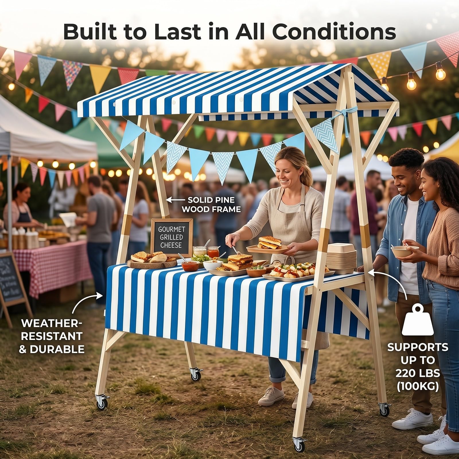 Tragbarer Marktstand Imbisswagen, Faltbarer Verkaufsstand mit UPF50+ Verdeck, Holz Limonadenstand, Verkaufswagen für Märkte, Partys und Veranstaltungen(Red,59in/150cm)