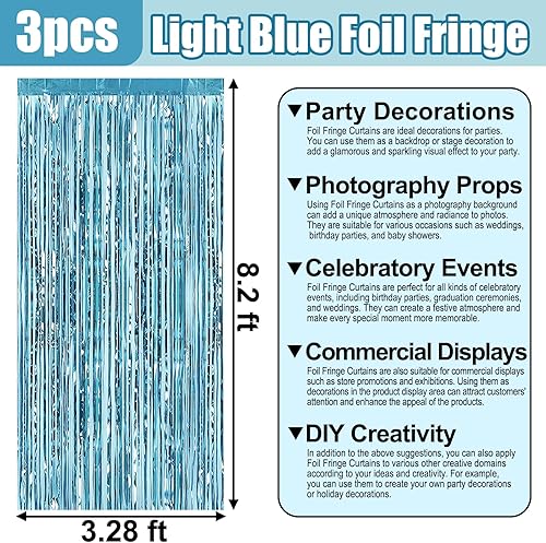 Miniatura 2 de Paquete de 3 cortinas de flecos de papel de aluminio azul claro, 3.28 pies x 8.2 pies, cortinas metálicas de oropel con flecos para accesorios de