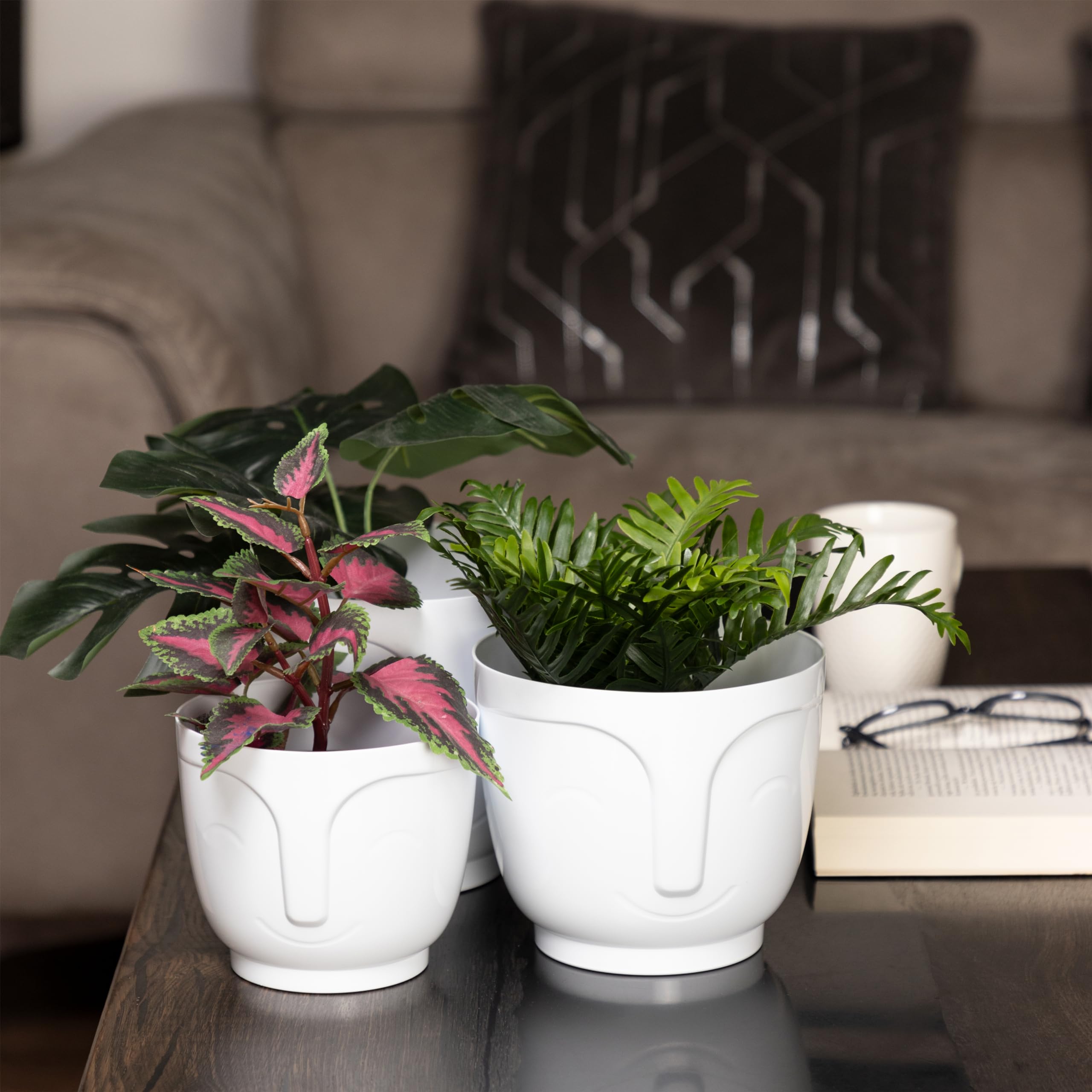 Home Garden Ornaments Plant Pots Indoor - Set of 3 Plastic Decorative Pots 14/16/18 cm, Smiling Face Pattern (White) - Image 2