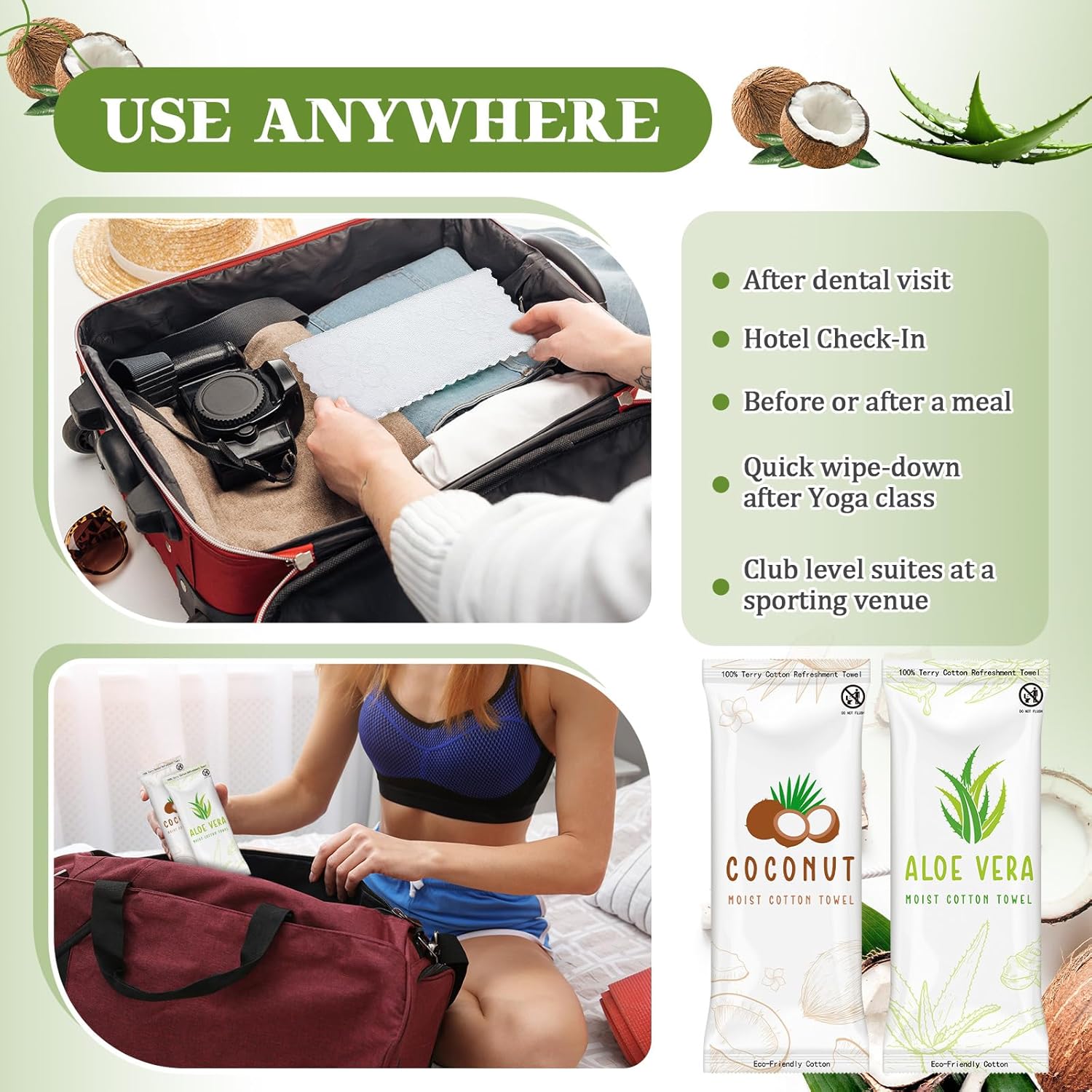 Timgle 50 Pcs Moist Towelettes Individually Wrapped Scented Disposable Face Towels Essential Oil Infused Moist Terry Cotton Towel for Use Hot or Cold Travel Body Spa (Aloe Vera, Coconut)