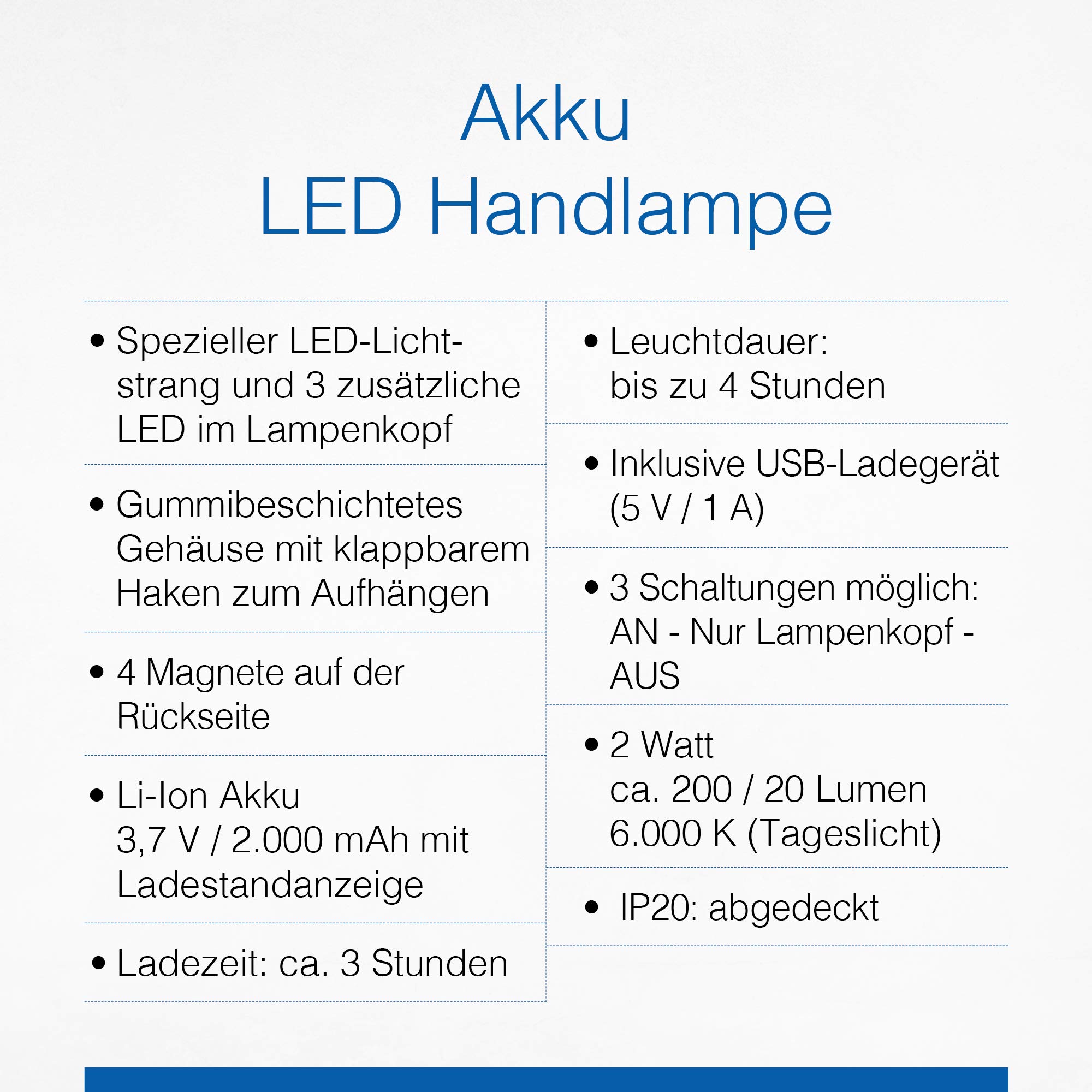 as - Schwabe LICHTFABRIK Akku LED Stablampe 2 W, 200 Lumen - IP20 | 6.000 K Tageslicht - Inspektionslampe mit Magneten und Haken zum Aufhängen - Werkstattlampe - Arbeitsleuchte - blau - 42820
