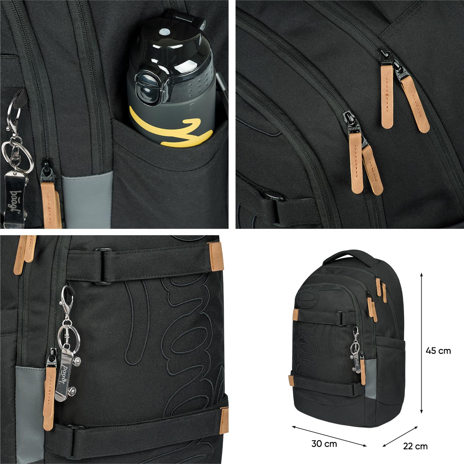 Baagl Schulrucksack Set Jungen Mädchen 5 Teilig 30 l - Darkness | Skateboard Rucksack für Teenager hat ein ergonomischer Schulranzen System, eine Bauchtasche und ein Laptopfach für Schule.