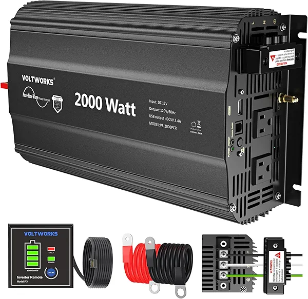 2000 Watt Pure Sine Wave Inverter 12V DC to 110V 120V AC 2000W Power Inverter with UL Fuses and 20A AC Hardwire Terminal Compatible with Lithium Battery for Home RV Truck Off-Grid Solar by VOLTWORKS
