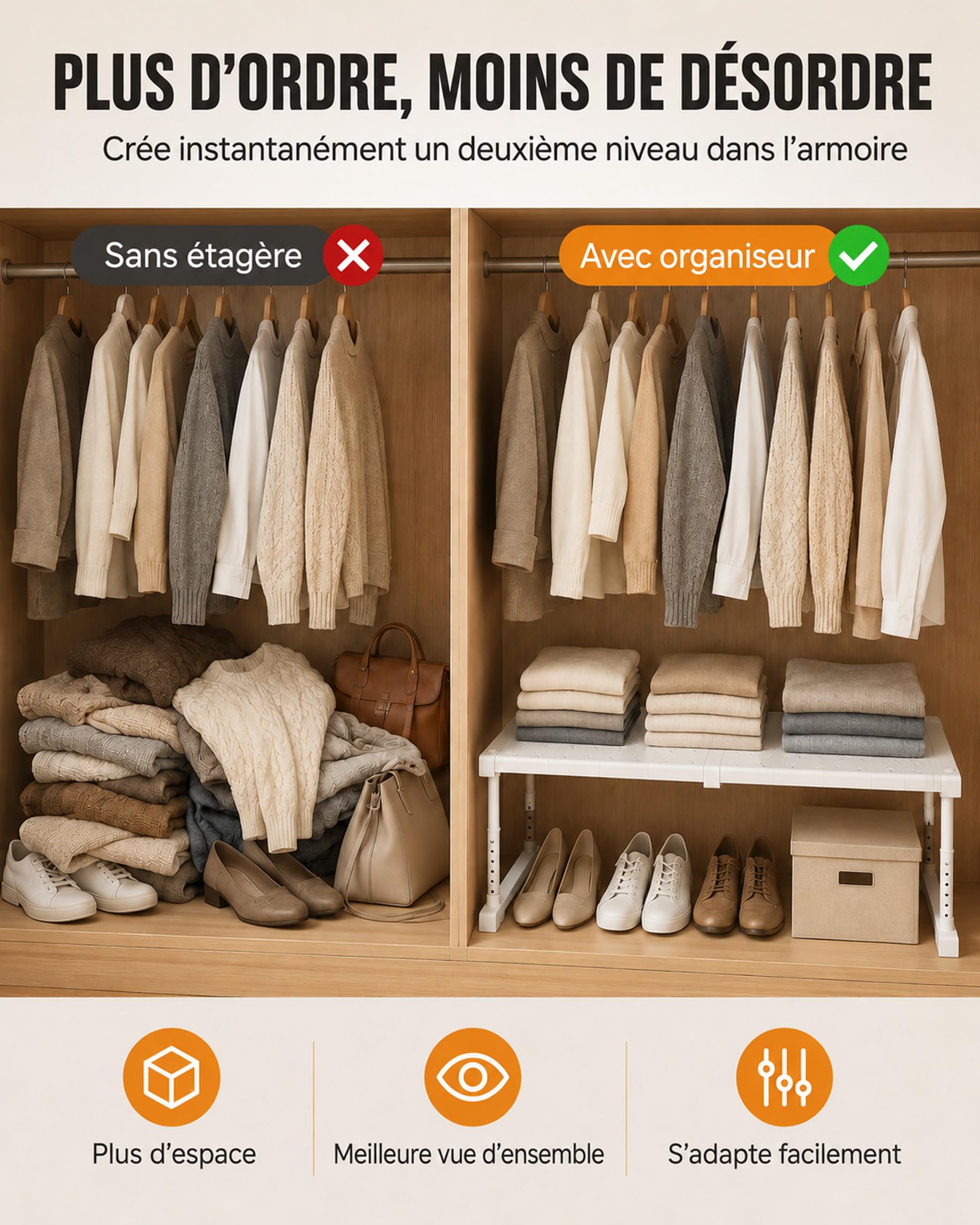 Extensible Séparateur Étagère pour Armoire, Étagère Penderie Extensible, Télescopique Étagères de Rangement Réglable pour Chambre, Salle de Bain, Cuisine, 47-68cm