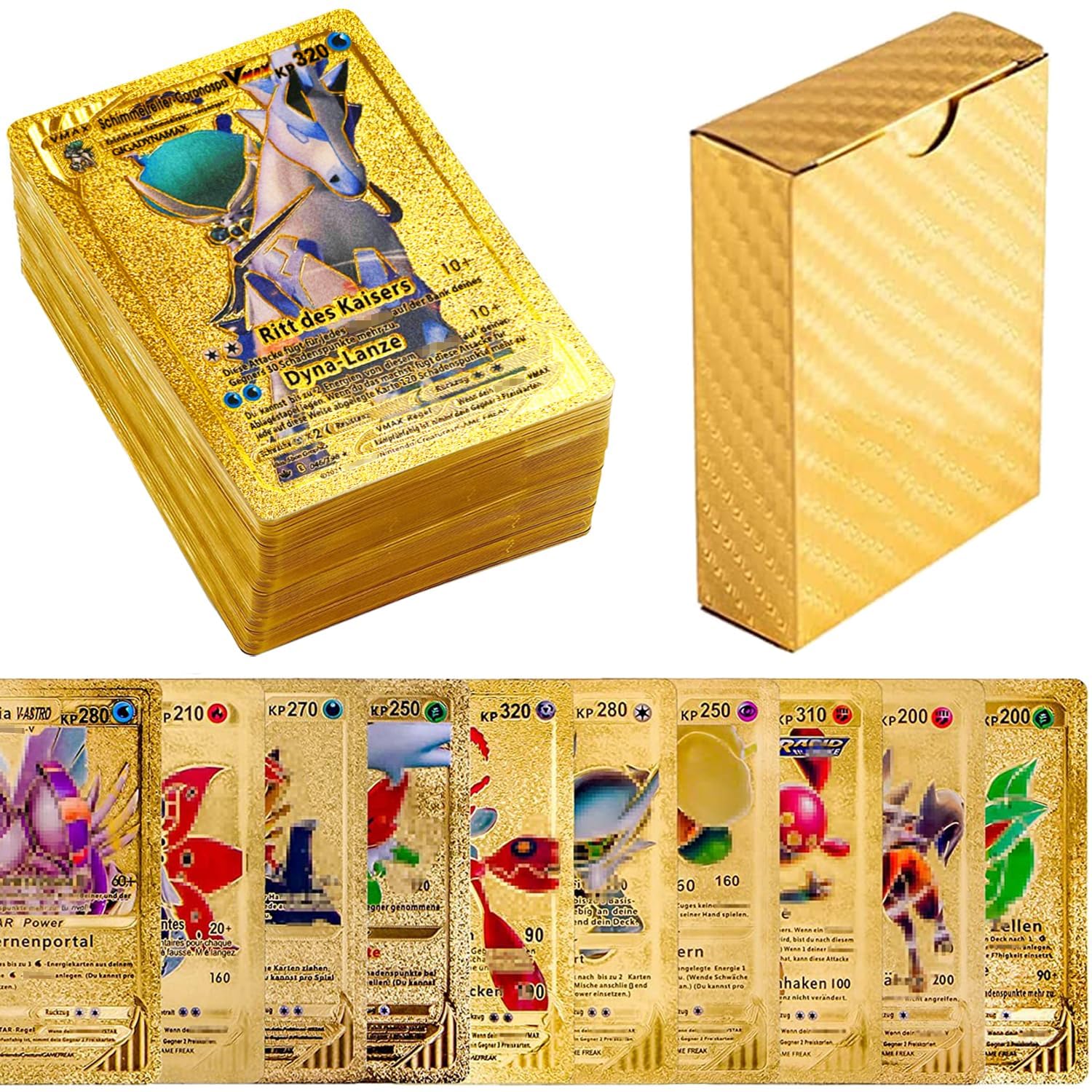 Pack of 55 Gold Cards for Pokemon, Vstar Vmax Gold Foil Cards with Deck  Box, Gold-