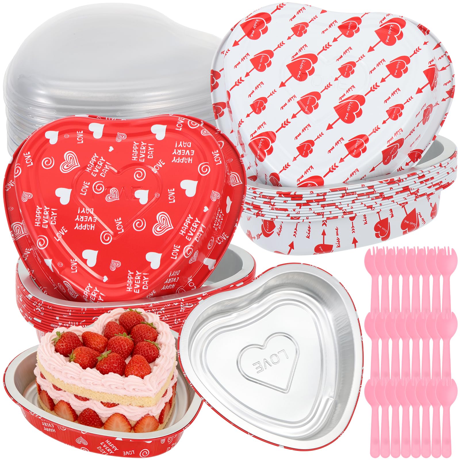 Lot de 24 moules à gâteau en forme de cœur de 623,7 g avec couvercles et fourchette rose - Passe au four - Pour Saint-Valentin, fête de mariage