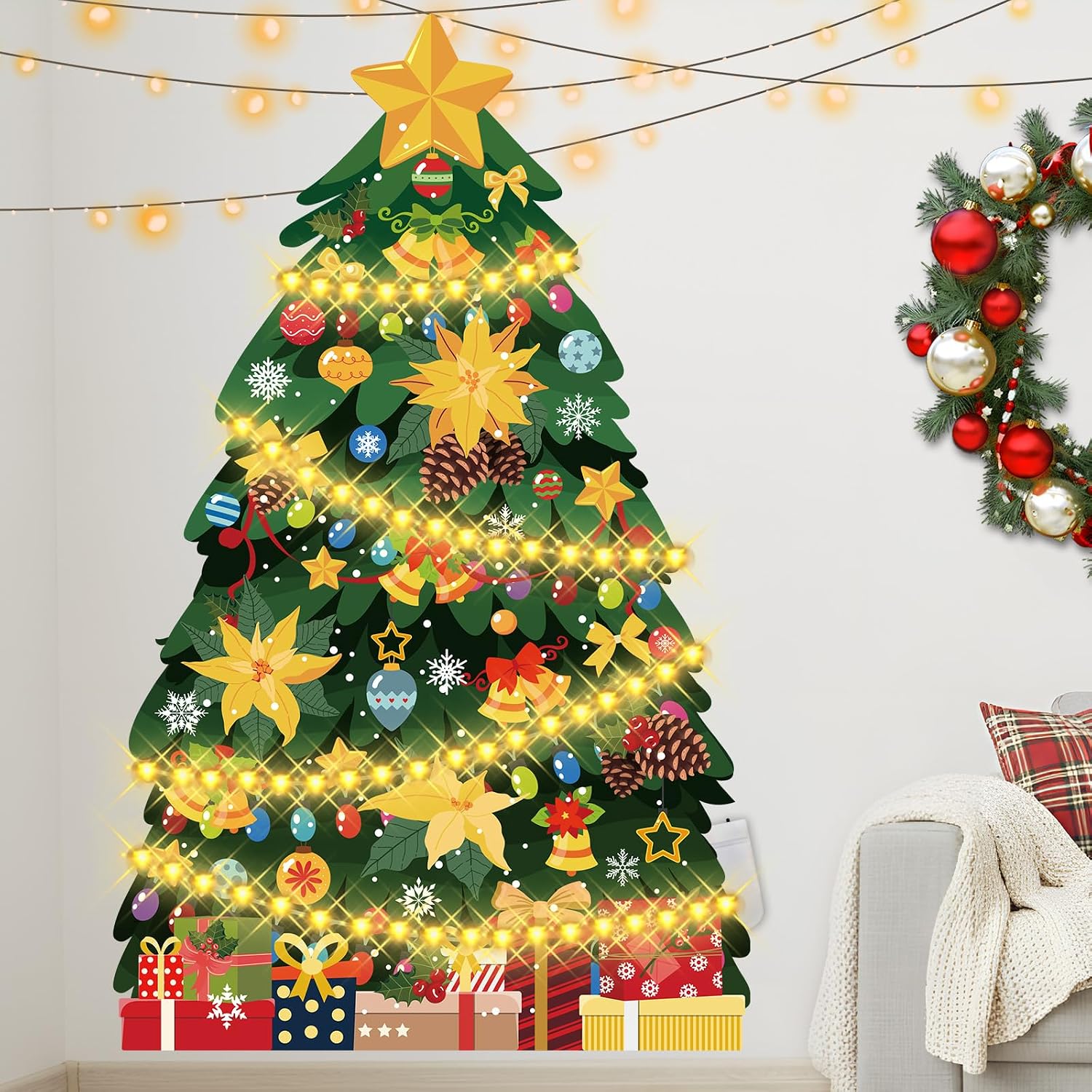 Kathfly 51x 31 Inch Christmas Tree Bulletin Board Decoration Paper Christmas Tree with LED String Lights Cardboard Cutout Paper Flat Xmas Wall Decor for Classroom Home Office Chalkboard(Charming)