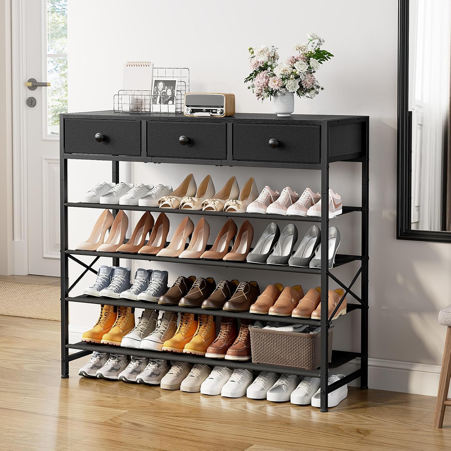 Shoe Rack, 5 Tier Shoe Organizer with 3 Drawers, Metal Shoe Storage for 24-30 Pairs of Shoes with Fabric Shelves and Wooden Top, Narrow Shoe Shelf for Closet Entryway Black