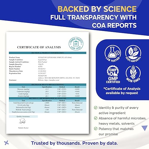 Miniatura 8 de Liposomal HMB 1500 mg, vitamina D3, gotas líquidas de magnesio  Ultra potente, sabor a frambuesa, fabricado en Estados Unidos y probado en