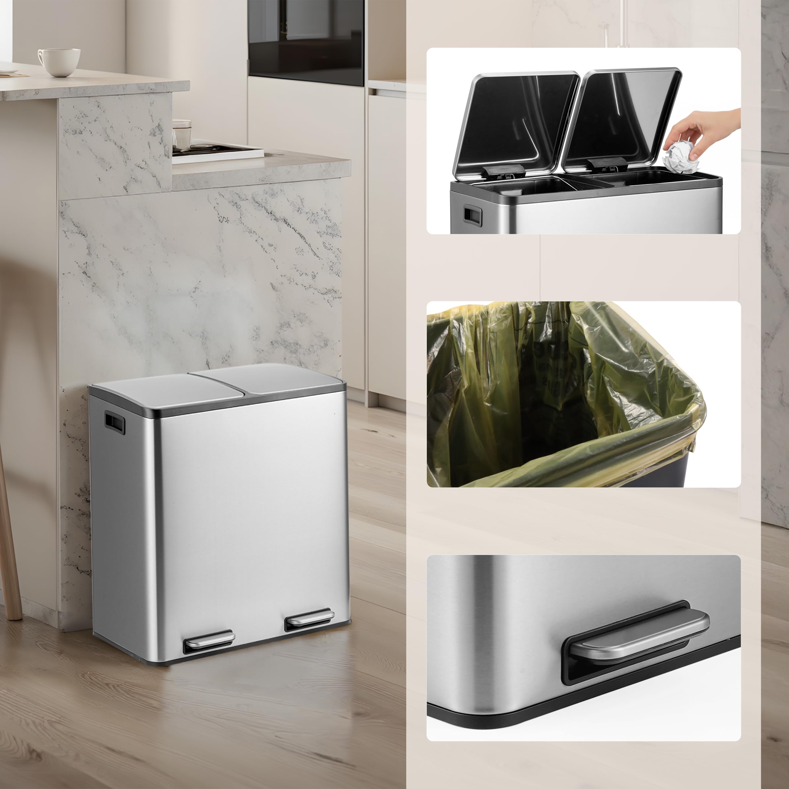 hjh OFFICE Mülleimer Küche 2 x 30 L, Mülltrennsystem mit 2 Fächer Clean 13 Metall Abfalleimer, Treteimer, herausnehmbare Inneneimer, Silber
