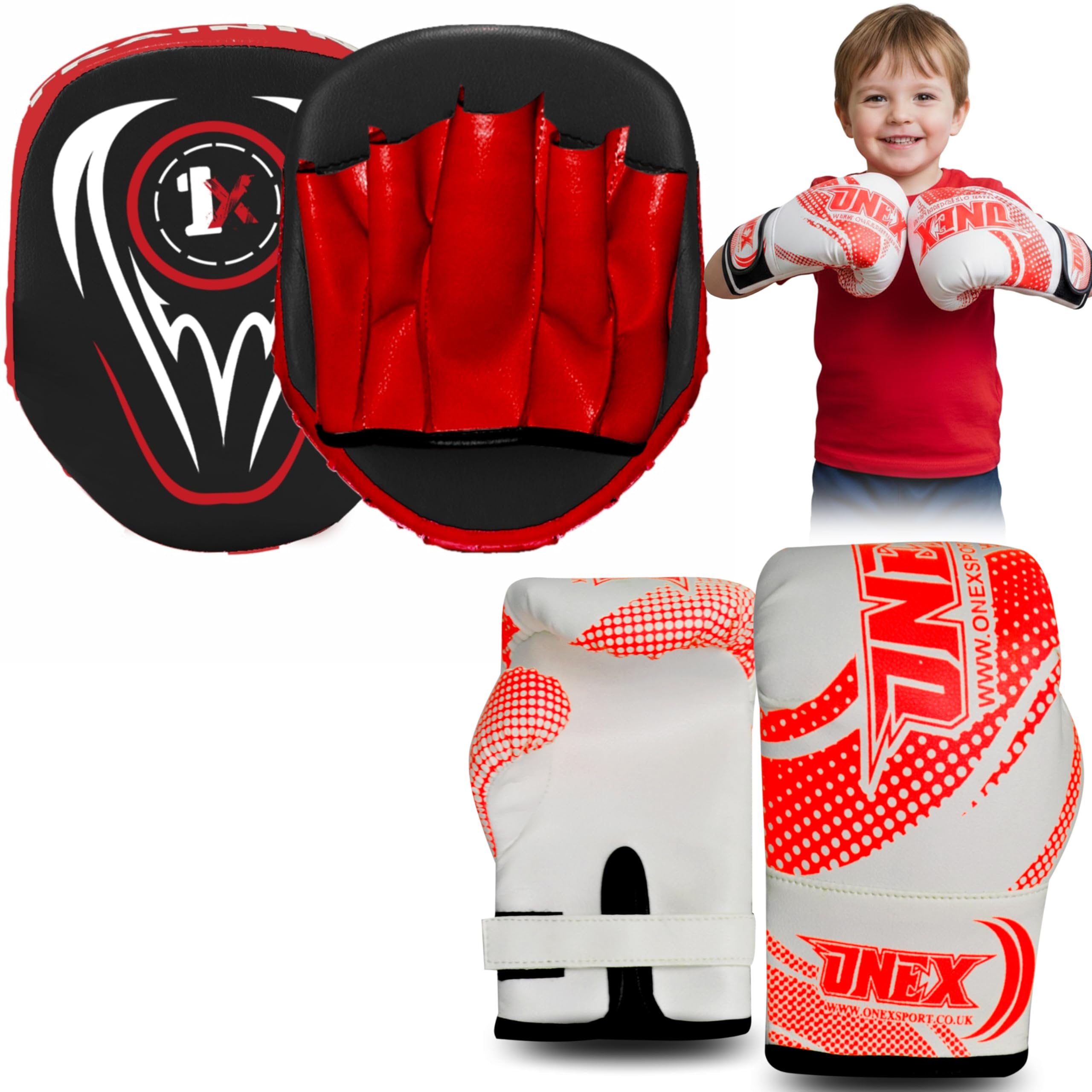 Boxing Gloves & Focus Pads Set – 6oz 4oz 2oz Gloves Hook & Jab Pads for Training, Kickboxing, Muay Thai, Punching, Sparring, MMA, Martial Arts, Taekwondo, Home & Gym Workout (RED, 2oz)