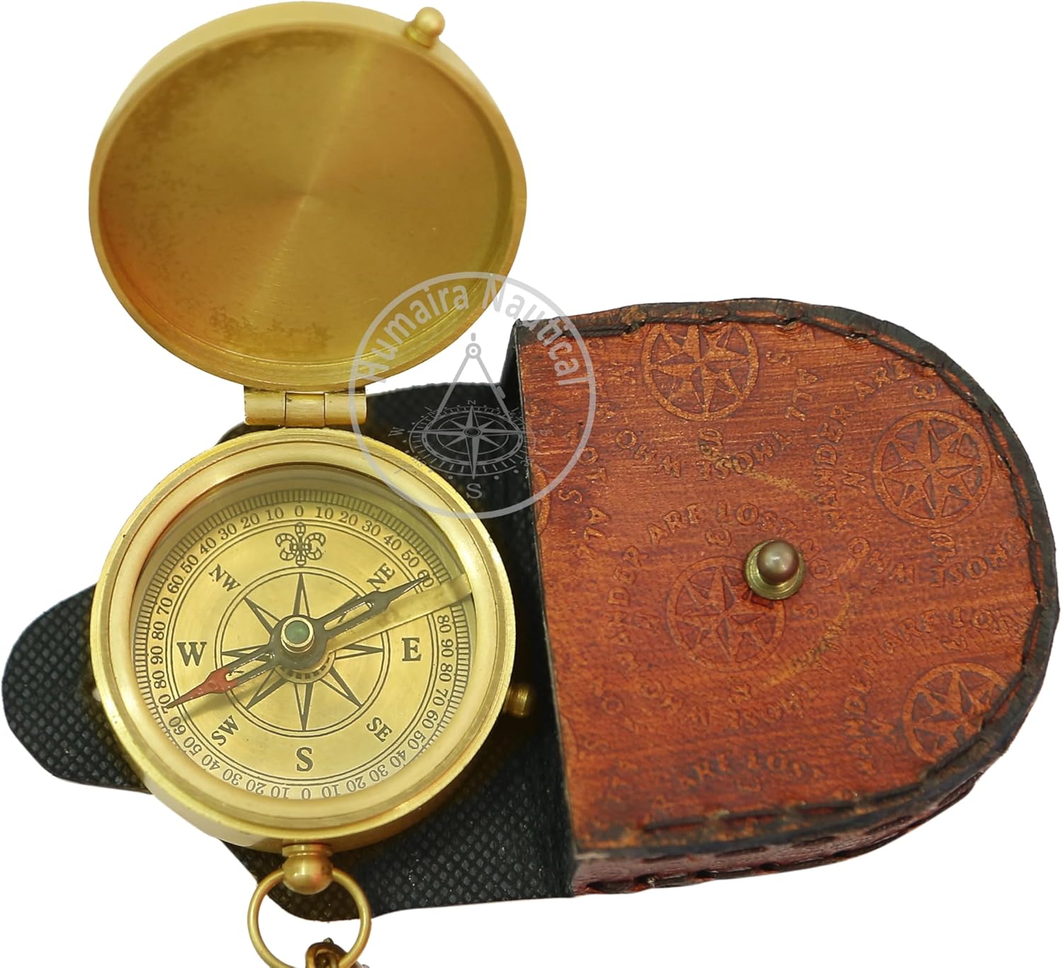 Grow Old with ME Engraved Brass Compass ON Chain with Leather CASE, Directional Magnetic Compass