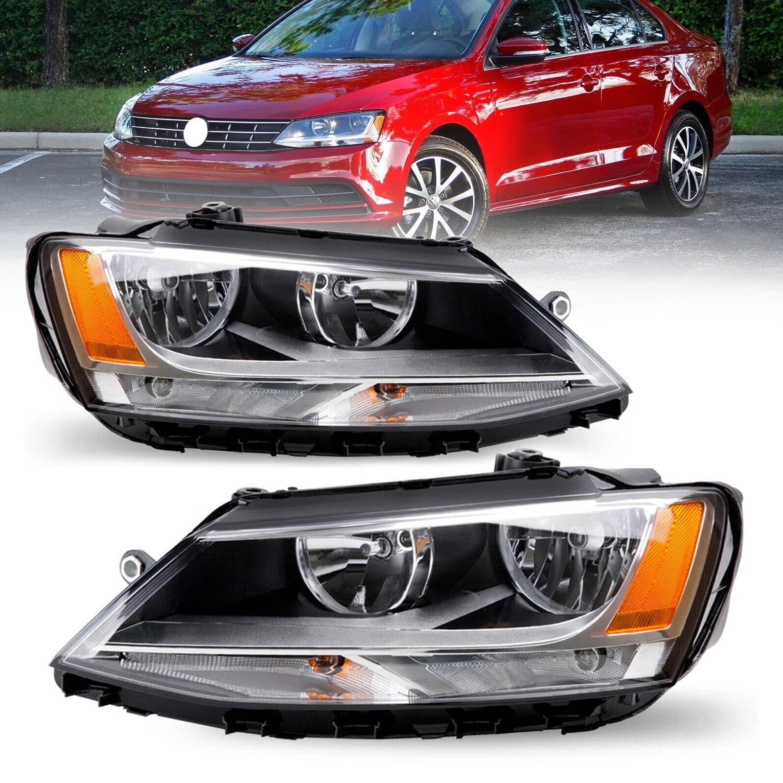 Photo 1 of Headlight Assembly Compatible with 2011-2018 Volkswagen Jetta MK6 Headlights Halogen Headlamp w/o DRL Replacemnet Driver Passenger Side Chrome Housing VW2502146 5C7941005 VW2503146 5C7941006