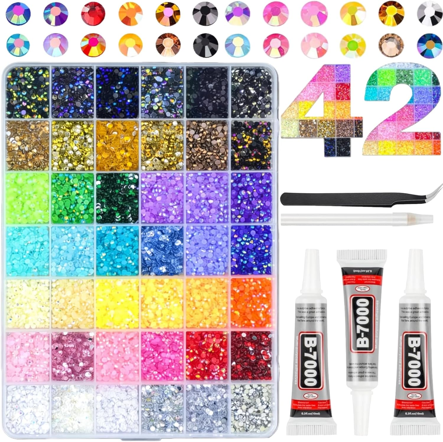 42 Colors 32000Pcs Jelly Rhinestones Bedazzling Kit, 3mm Multicolor Flatback Gems for Crafting, Bedazzle Kit with Tweezers Pen 3Pcs B7000 Glue for Clothes Book Shoes Nails Art Makeup