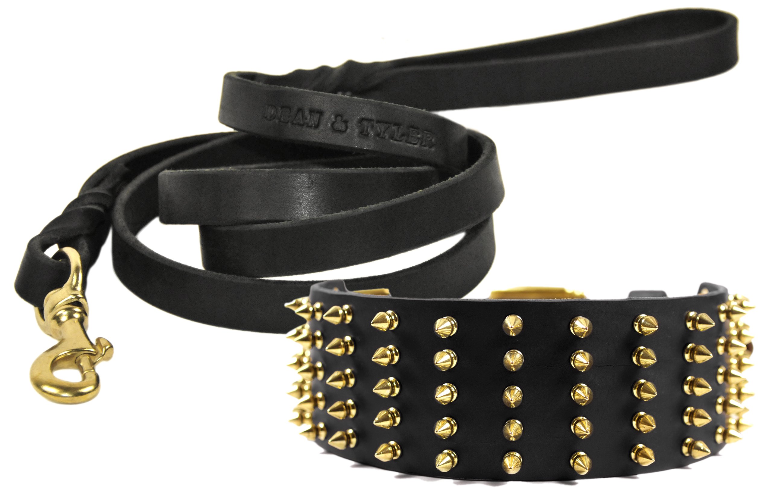 Collier laiton Wide Spike Dean et Tyler et laisse assortie en cuir noir de luxe