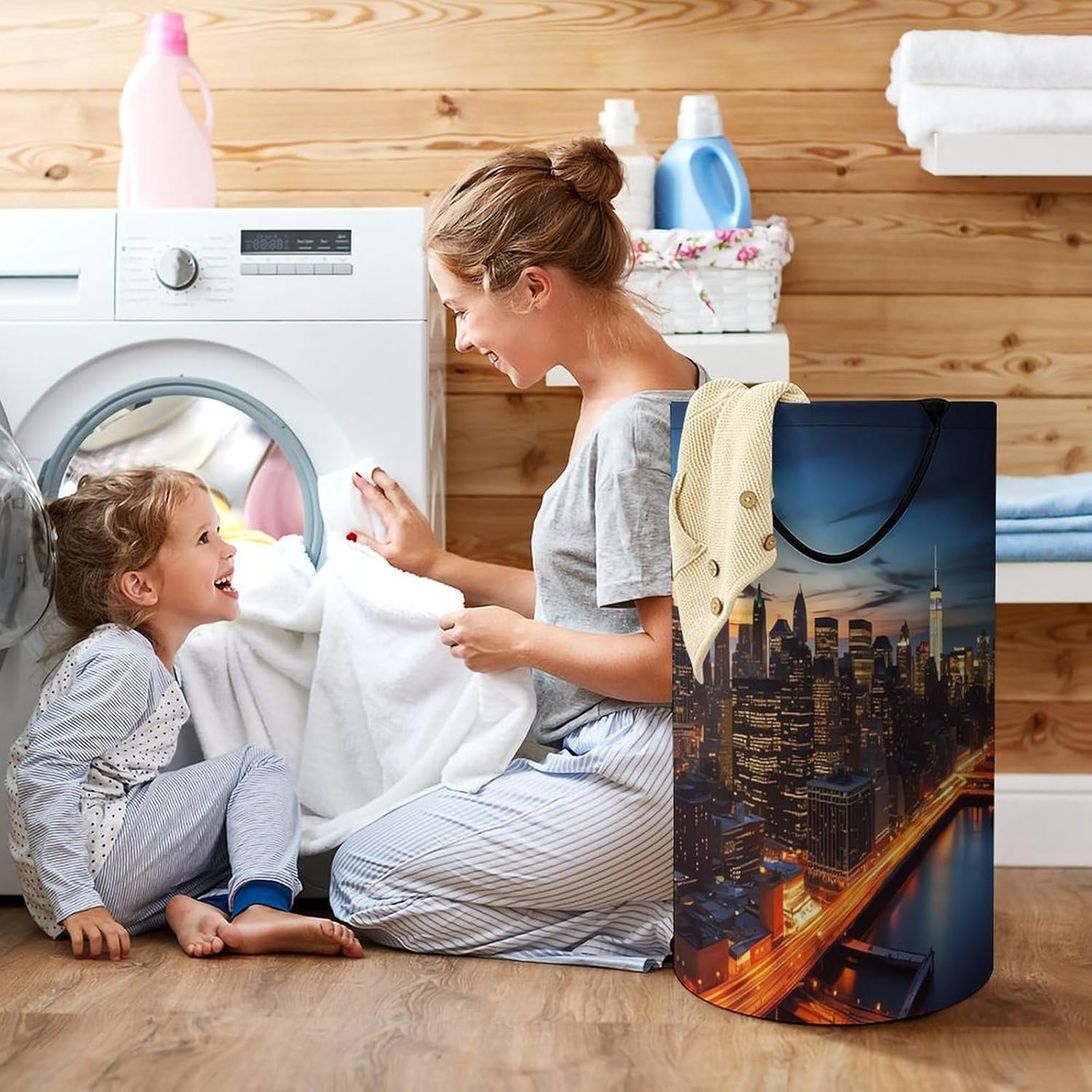 Large Capacity Dirty Clothes Basket, New York City Scenery Printed Laundry Hamper with Handles Waterproof,Collapsible Round Laundry Hamperare, Versatile And Can Be Placed in Bathrooms Bedrooms Livi