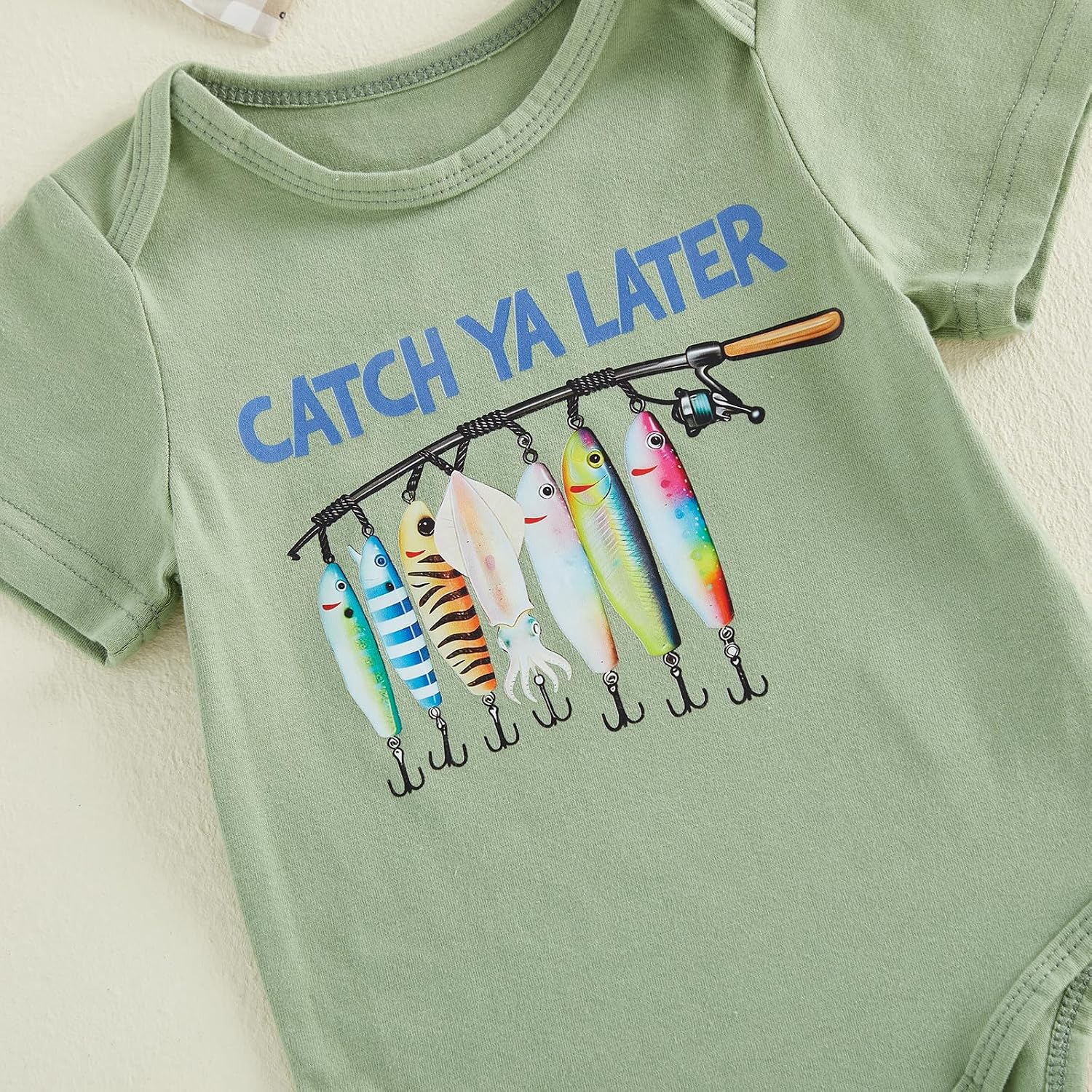 Newborn Baby Girl Fishing Outfit Fish Onesie Short Sleeve Romper Ruffle Plaid Shorts Set 3Pcs Infant Summer Clothes
