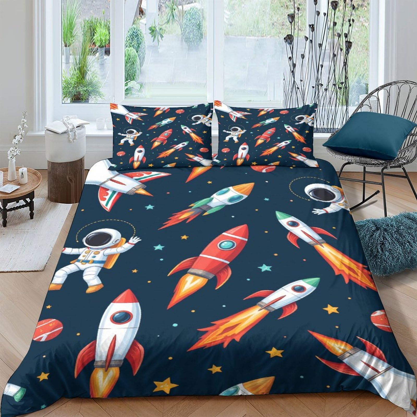 Ctjqhvkz Style-8 3D Printed Rocket Space Fitted Sheet Microfiber Soft Astronaut Mattress Cover For Bedroom Dorm Room Decor Single（135X200cm）