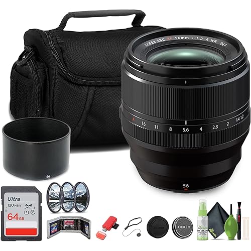 FUJIFILM XF 56mm f/1.2 R WR Lens Bundle with 64GB Extreme PRO UHS-I SDXC Memory Card + 67mm Professional 3 Piece Filter Kit + Memory Card Wallet + USB Card Reader, SD/microSD + More