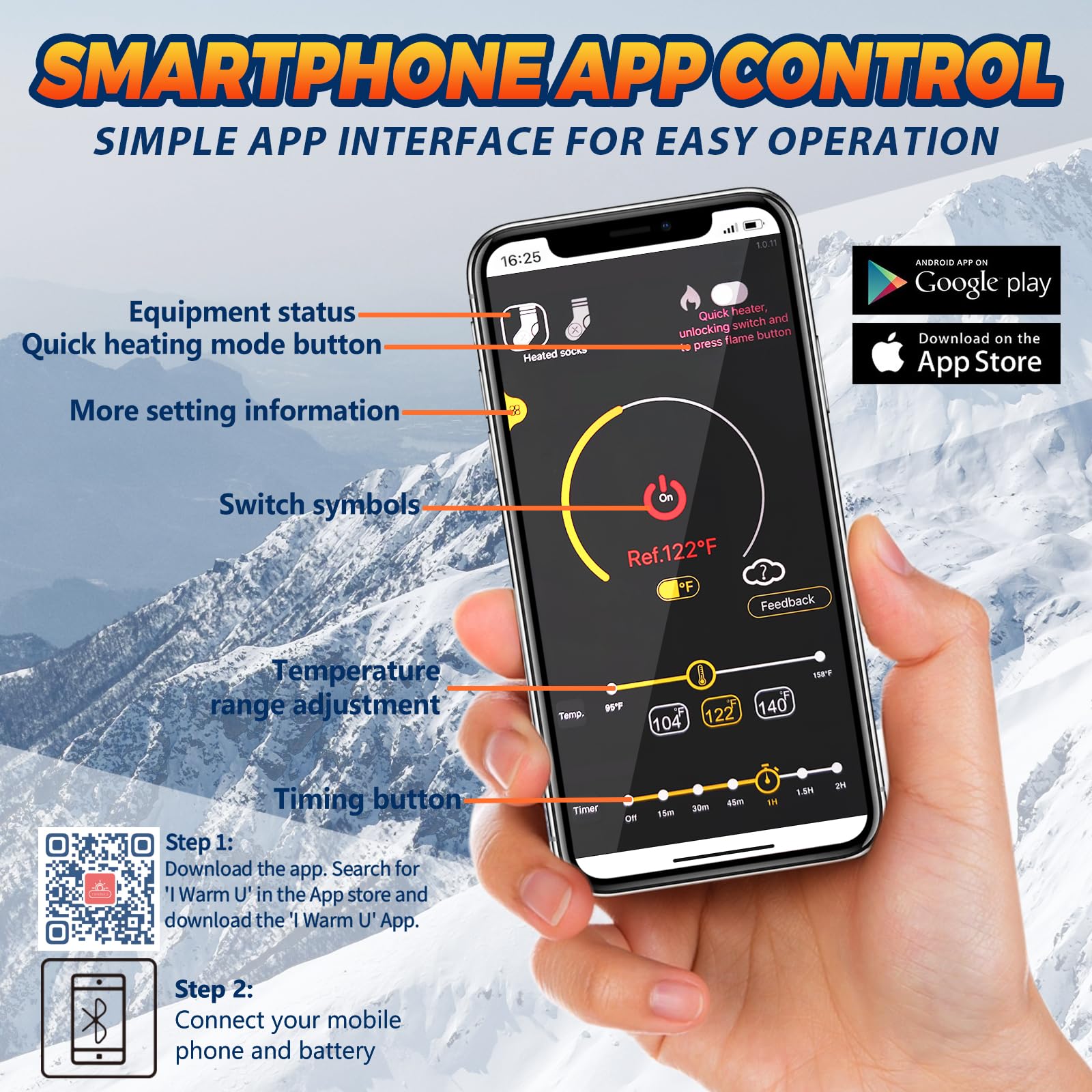 Heated Socks, 2024 Rechargeable Heated Socks, 5000 mAh Extra Large Battery, Long Life Up to 65 °C Large Heating Area, Suitable for Outdoor Skiing, Winter Camping, Hiking