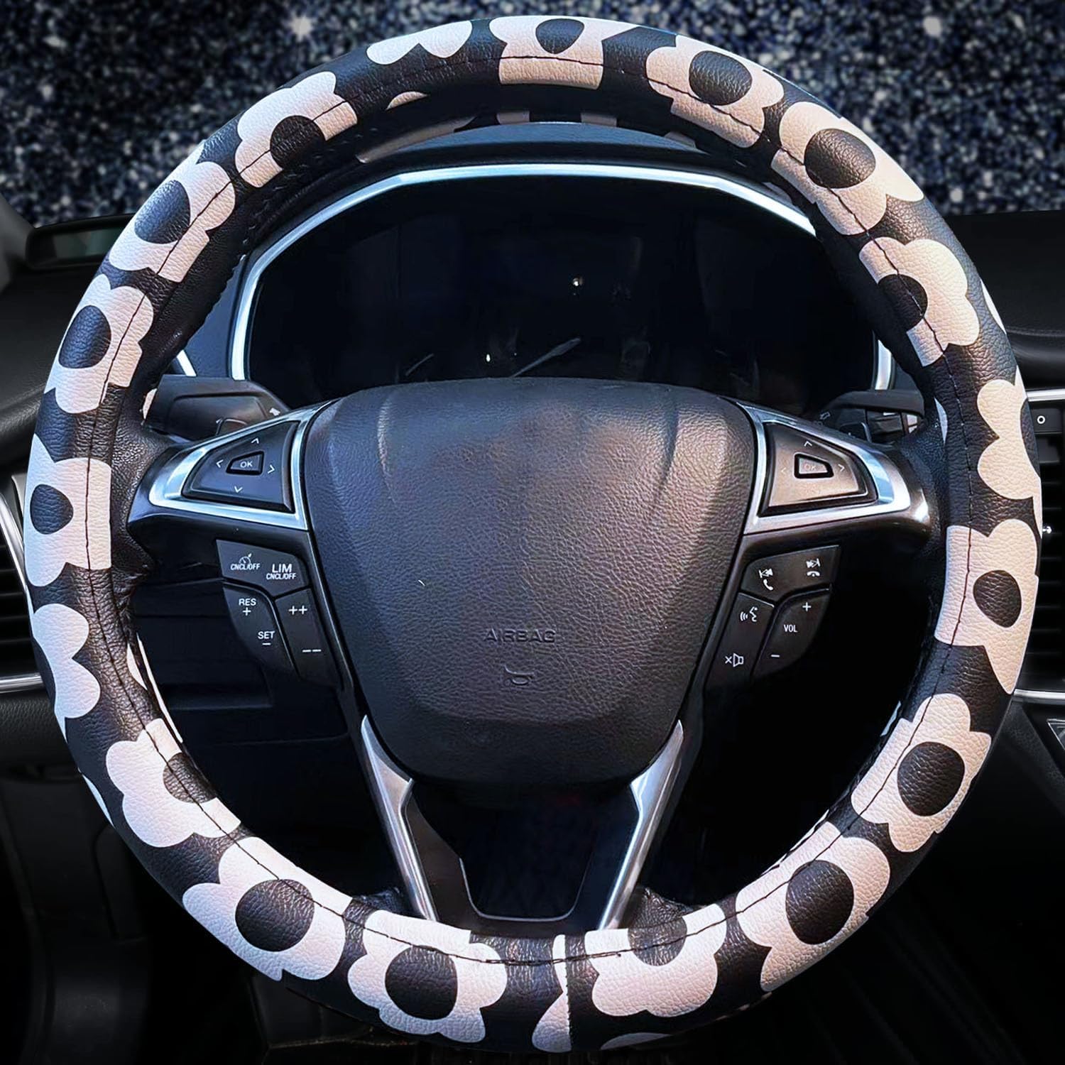 Dotesy Leather Flowers Car Steering Wheel Cover, Fashion Floral Steering Wheel Protector Universal for 36-38cm Anti Slip Auto Interior Decor Protection Accessories for Women (White Black)