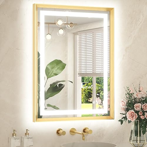 TETOTE Espejo LED de baño de 24 x 32 pulgadas, marco de metal dorado cepillado frontal y retroiluminado, espejo de tocador antiniebla, sin
