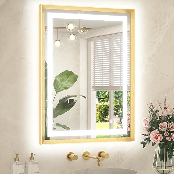 TETOTE 24 x 32 Bathroom LED Mirror Brushed Gold Metal Frame Frontlit & Backlit Vanity Mirror Anti-Fog Stepless Dimmable 3 Colors White/Warm/Natural Mirror with Lights Wall-Mounted