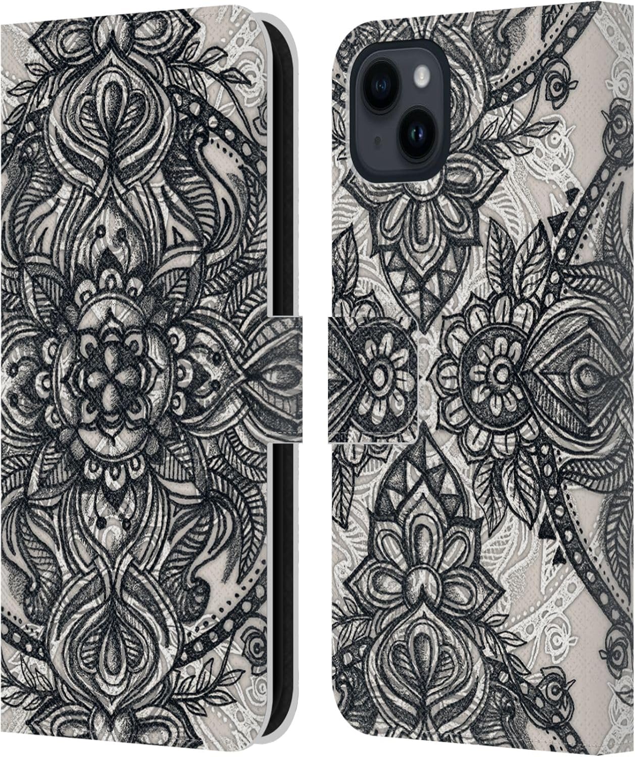 Head Case Designs Officially Licensed Micklyn Le Feuvre Denim Blue Lace Pencil Doodle Mandala 3 Leather Wallet Case Compatible with Apple iPhone 15 Plus