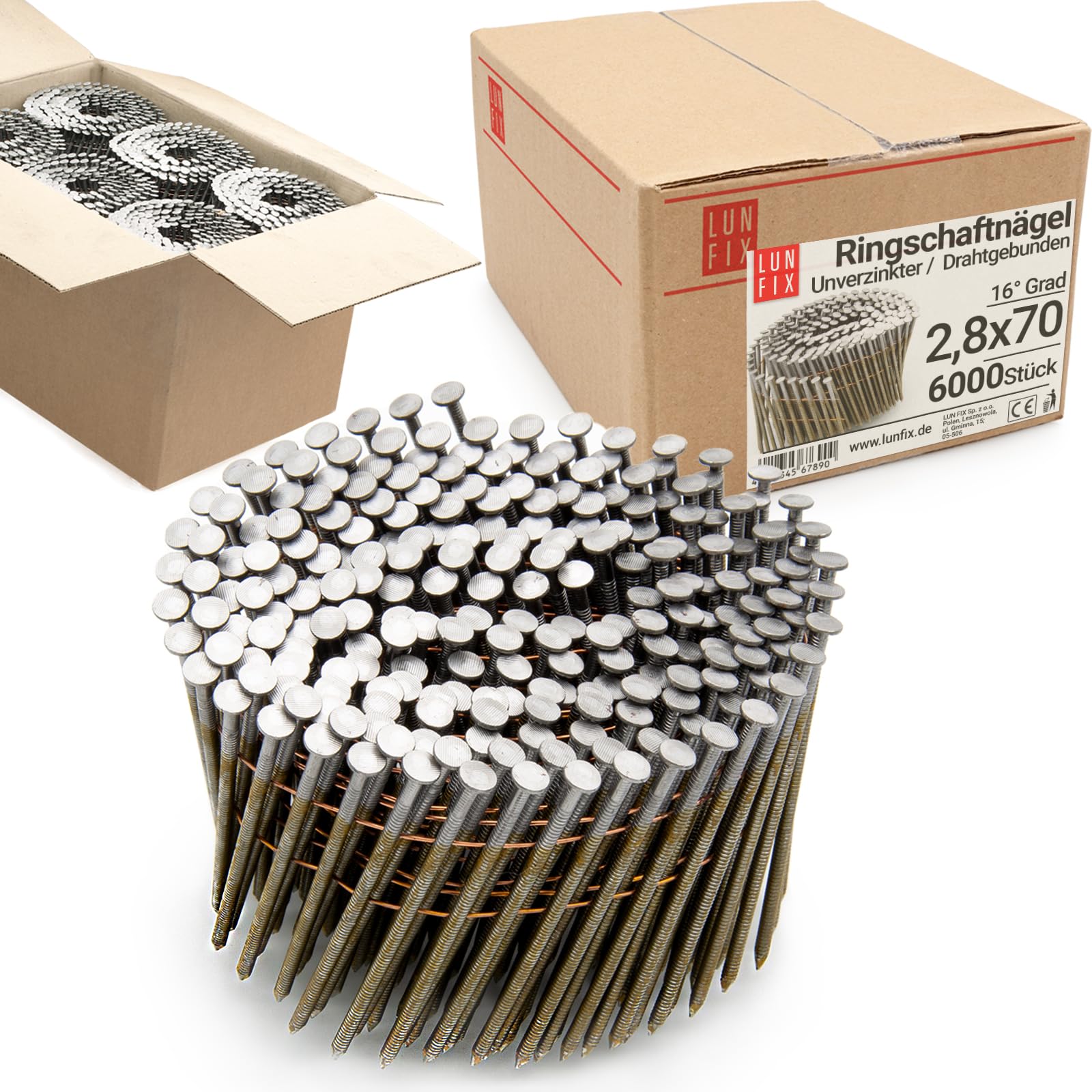 6000pcs Clous en rouleau 16° 2,8 x 70mm acier non galvanisé tige annelée, reliés fil pour cloueur pneumatique, cloueuse, pistolet à clou, bois, palettes, clôtures, coffrages