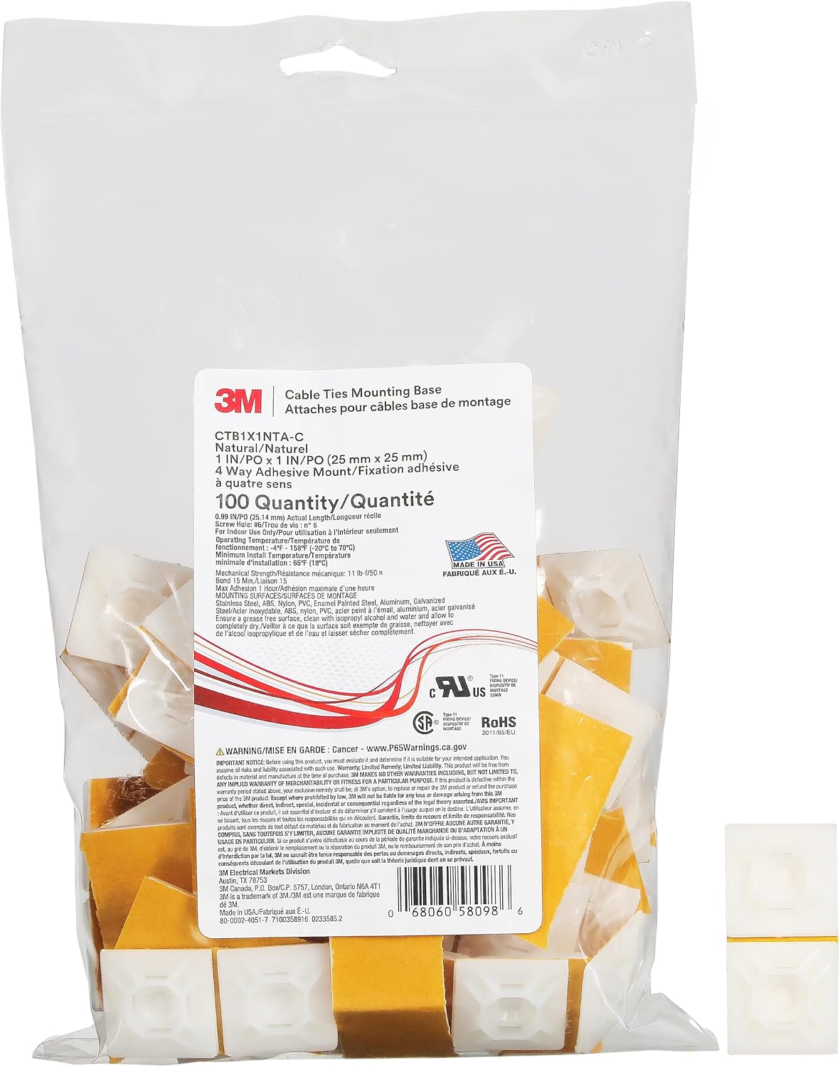 3M Cable Tie Mounting Base, Natural, 1 x 1, 4-way Adhesive Mount, 100/Bag