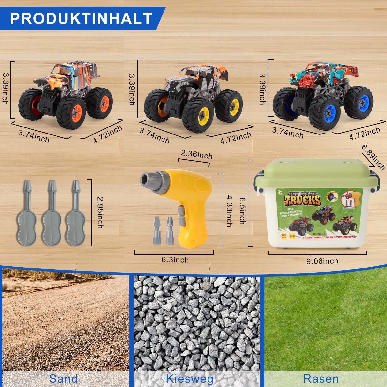 Bugrtey Zerlegbare Monster-LKW-Spielzeug mit Elektrohandbohrer & Aufbewahrungsbox, ab 3-8 Jahre – STEM-Bildungsspielzeug, Geburtstags Kinder/Jungen/Mädchen