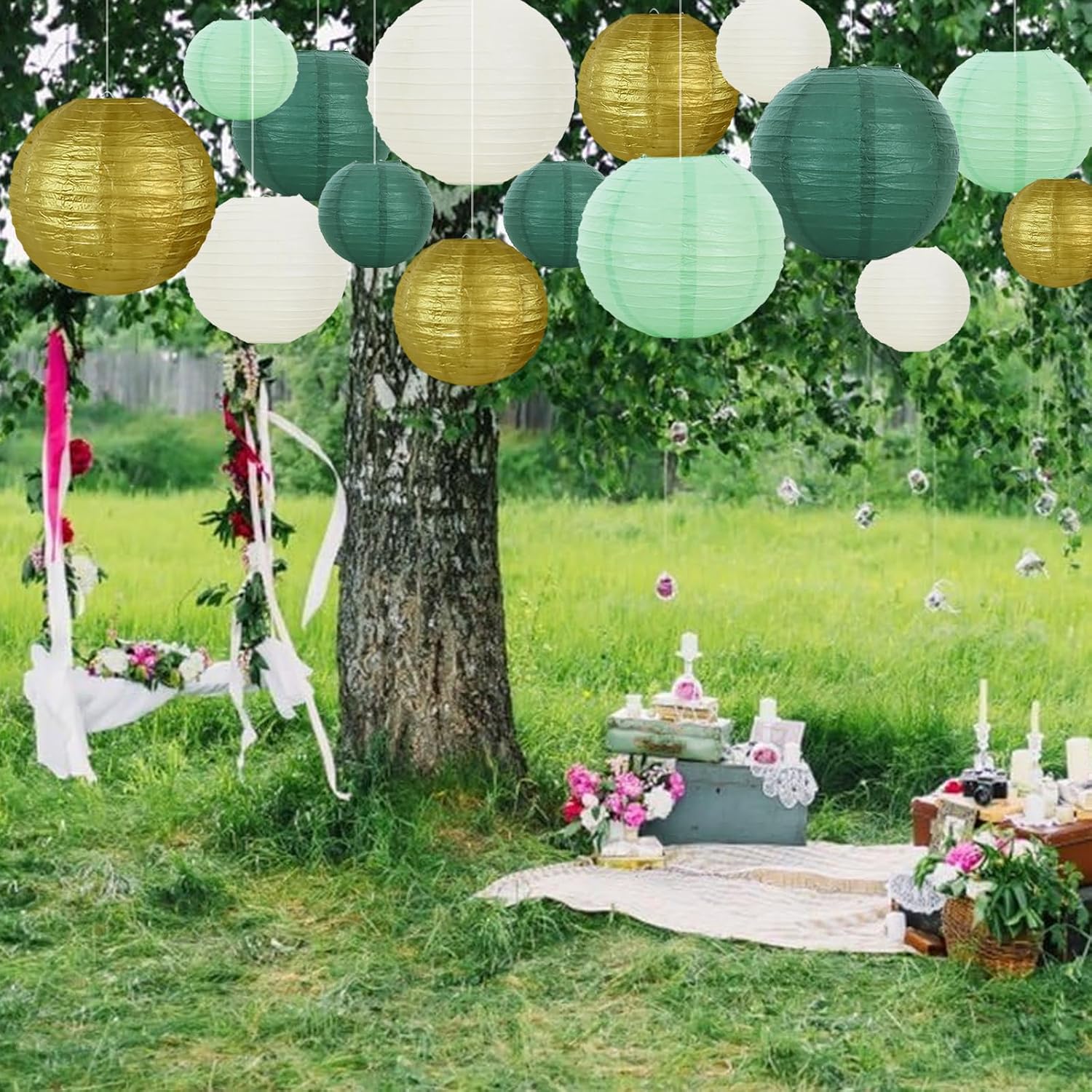 BEISHIDA 16 Pcs Sage Green Gold Paper Lanterns,Hanging Decorative Chinese Japanese Round Paper Lantern Lamp for Birthday Wedding Baby Bride Shower Home Party Decoration - Image 5