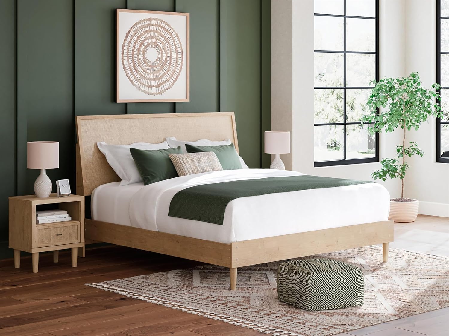 BOWERY HILL King Panel Headboard, Engineered Wood, Oak Finish, Brown and Gray, Textured Beige Cane-Look Panel, Contemporary Style, 52.64" H x 79.65" W, Bedroom Furniture