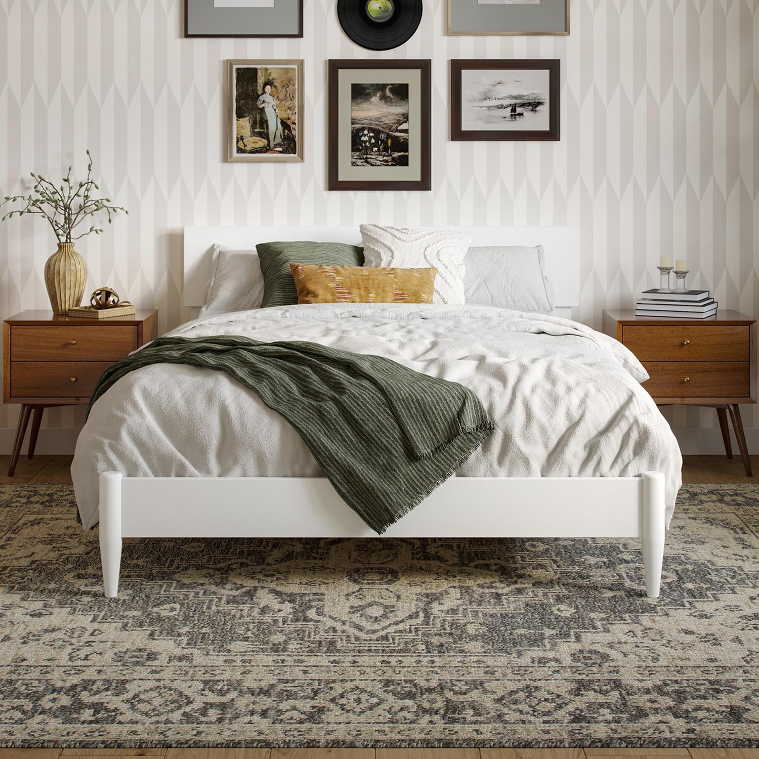 HomeStock Full Solid Wood Modern Low Profile Platform Bed in White