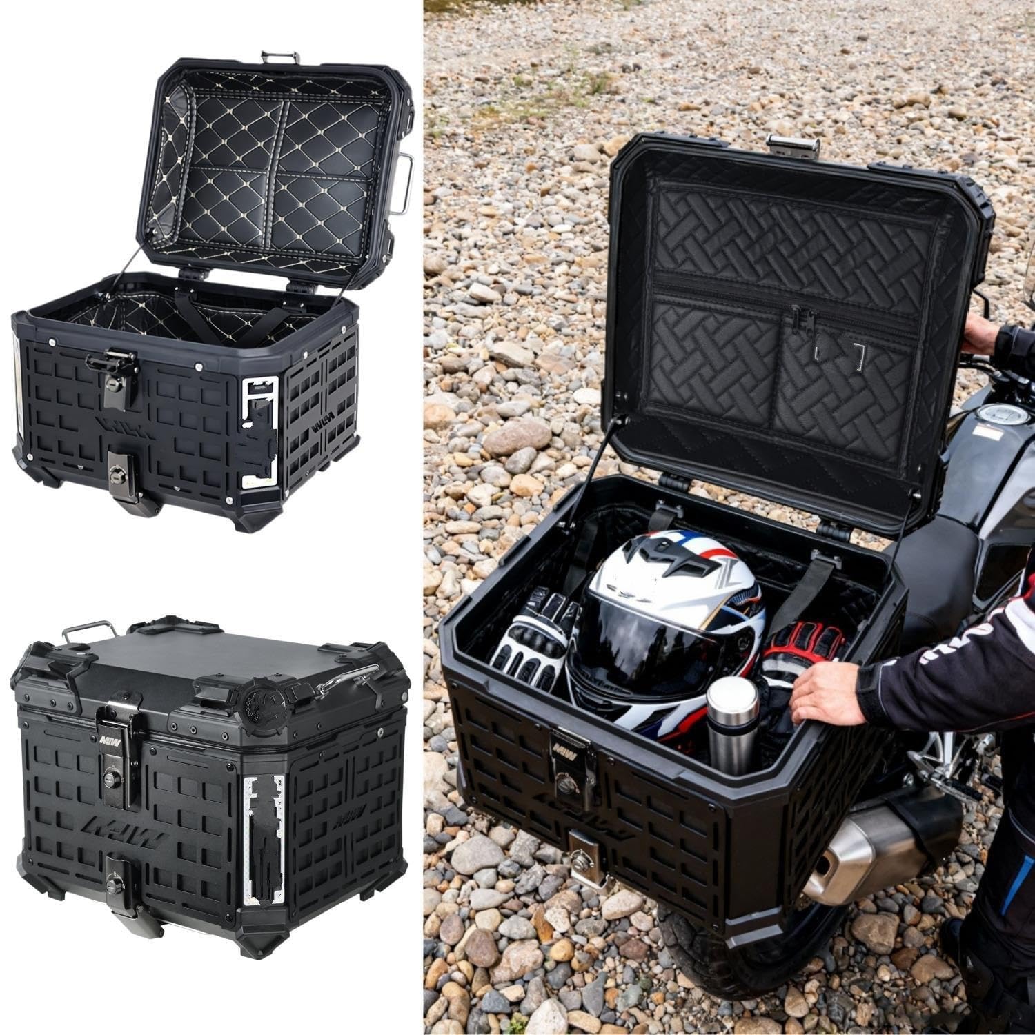Top Case Moto Boîte en Alliage D'aluminium CNC 45L/55L/65L, Côté 38L avec Armure Épaisse, Étui Étanche, Coffre Casque Valise Moto(Armor-45L)