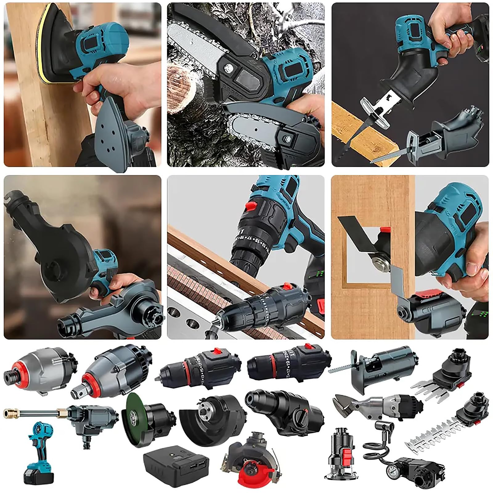 Kit combinado de herramientas eléctricas multifuncionales: taladro de impacto sin escobillas, sierra de calar, destornillador, lijadora, máquina de limpieza, sierra de cadena, llave de doble propósito