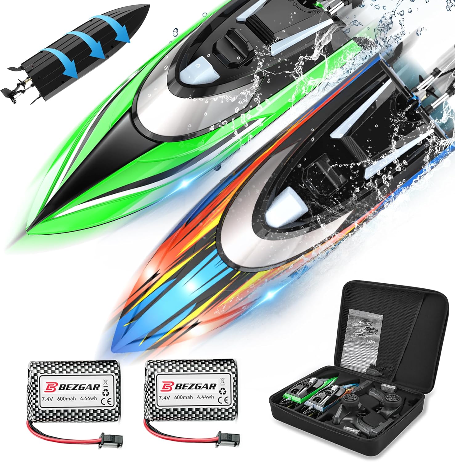 BEZGAR Remote Control Boat 2 Pack 12 Inch RC Boat with Case Auto Flip 30 KPH Fast Speed Waterproof Racing Boats