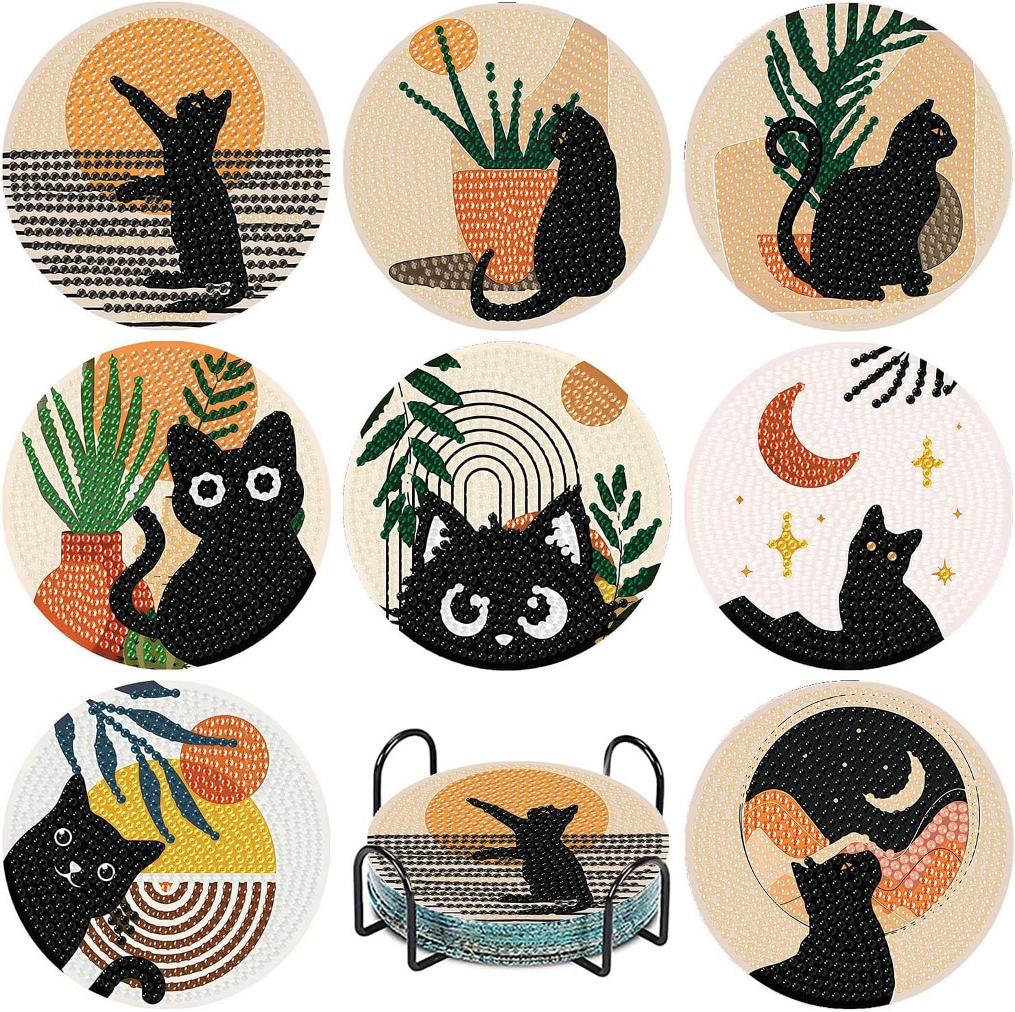 Jakener Bdwy305-Uk 8 Pcs Black Cat Diamond Art Painting Coasters Kits, Coaster With Holder For Adults, Non-Slip Diy Dot Paint Craft Kits,5D Full Drill Diy Diamond Dot Gem Art Kit Home Decor Arts Craft