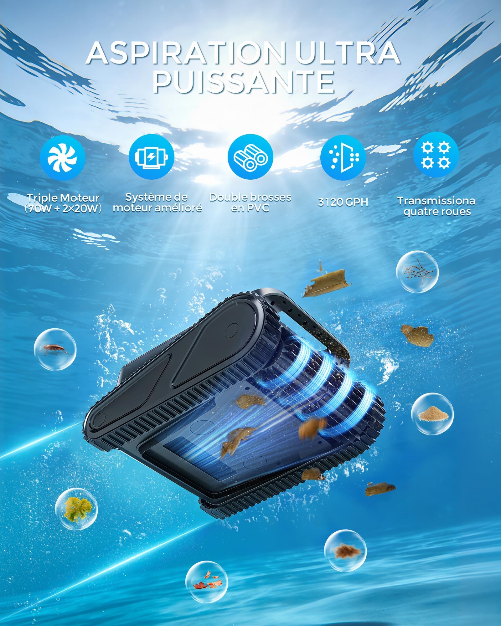 (2026) Y50SE Robot Piscine Fond et Parois, Ligne d'eau, Robot de Piscine sans Fil, 120Min d'Autonomie, Navigation Intelligente, 4 Modes Robot Piscine, 4 Capteurs, Idéal pour Piscines Enterrées 200㎡-N