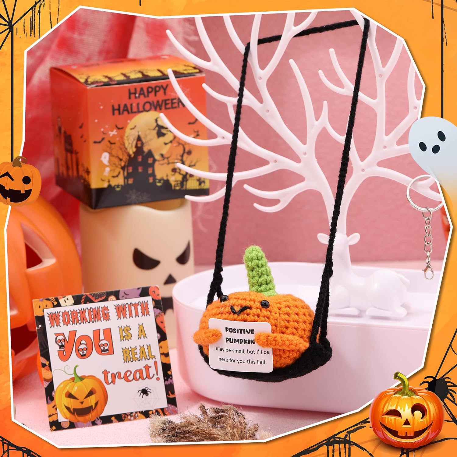 Suncalla Thanksgiving Gifts Adopt Crochet Pumpkin Knitting with Gift Box Positive Card for Christmas Fall Halloween
