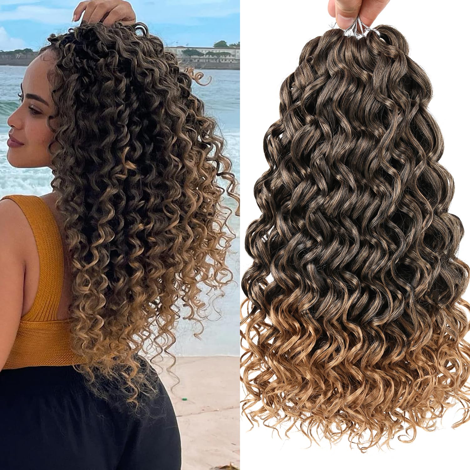 Mscat GoGo Curl Crochet Hair - 14 Inch Curly, Ocean Wave & Beach Curl Water Wave Deep Twist - 8 Packs Ombre Crochet Hair Extensions