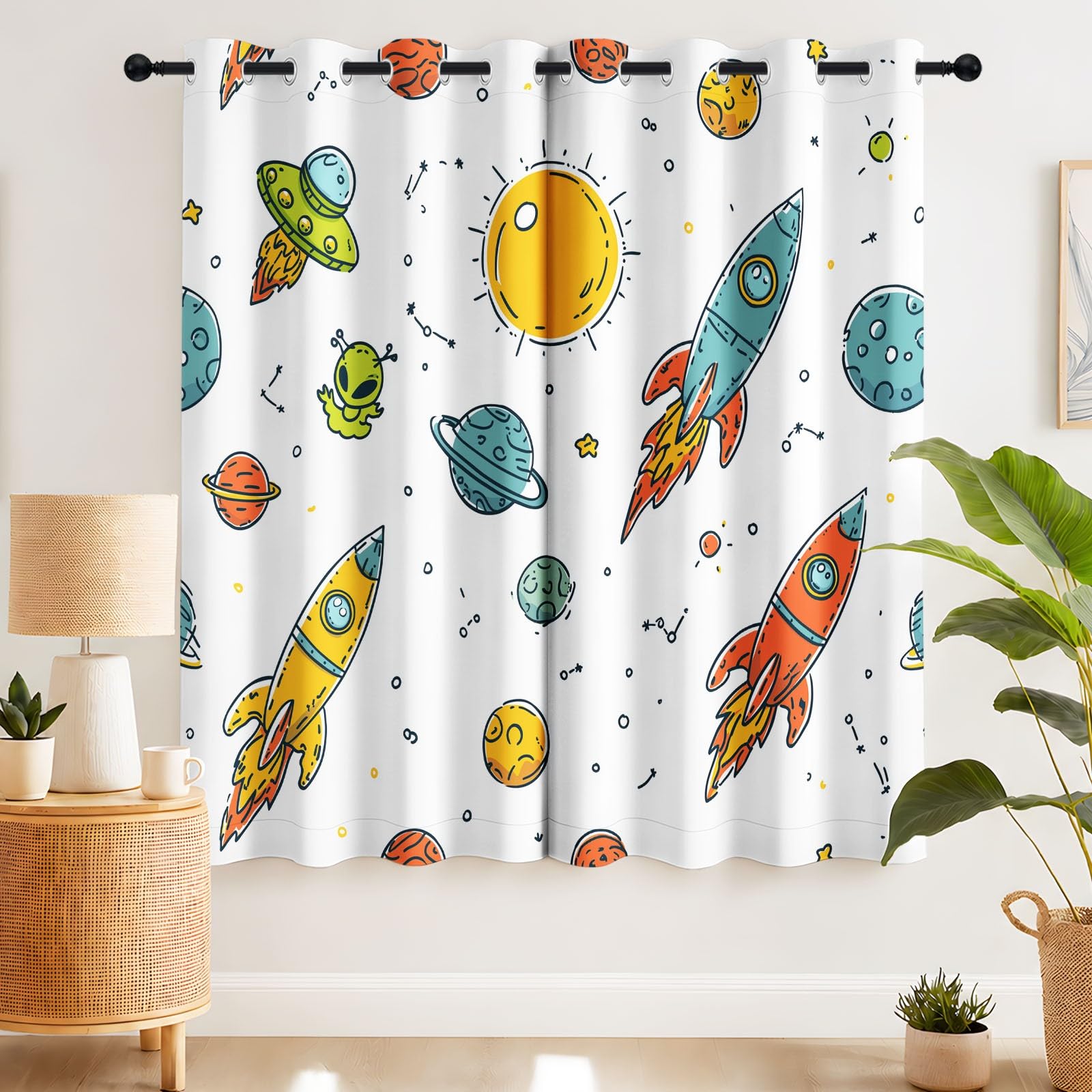 Space Kids Cortinas 95% opacas para oscurecer la habitación, con cohete alienígena, sol, estrellas, universo, tema espacial infantil, cortinas de ventana con aislamiento térmico para dormitorio, 52 x