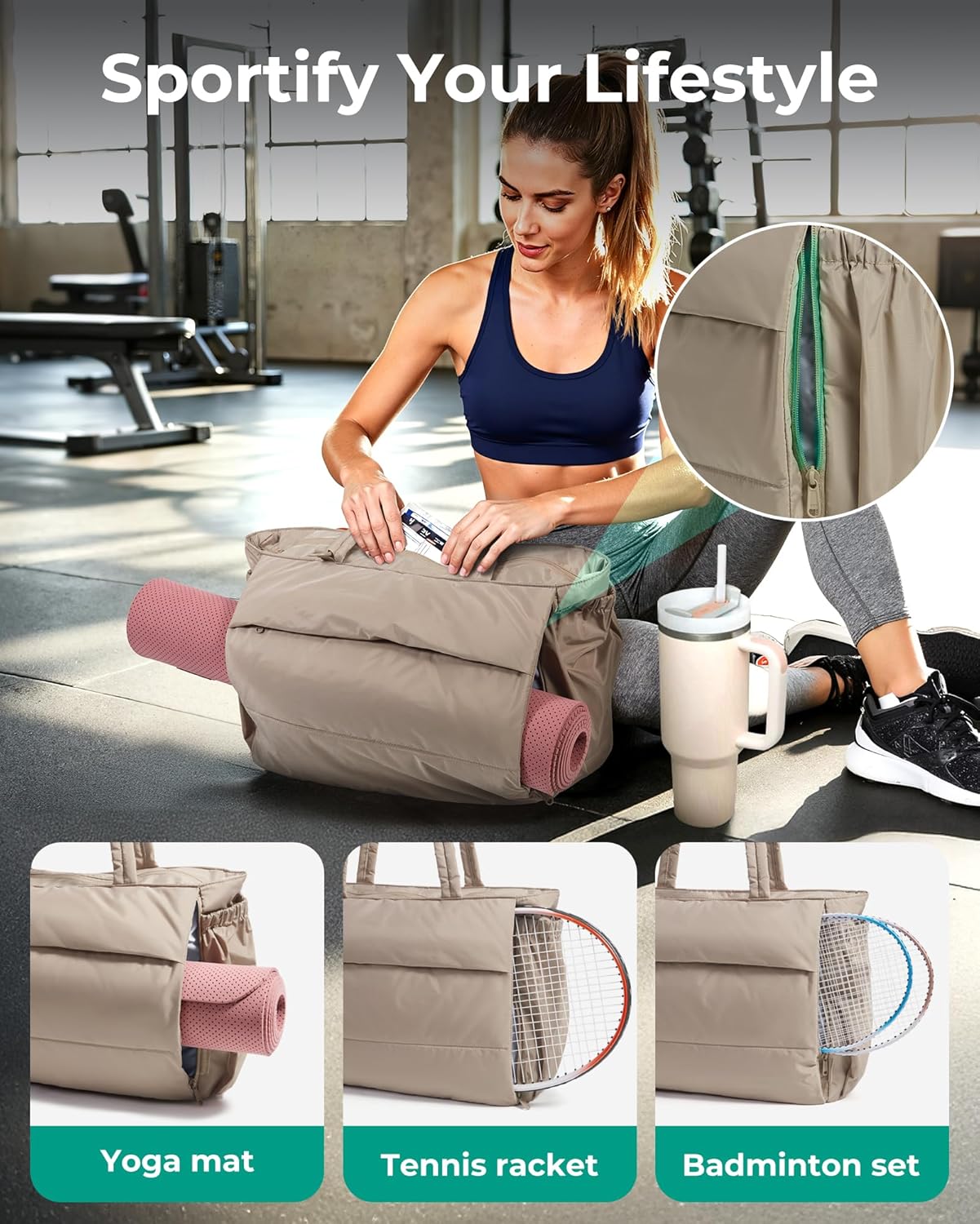 BAGSMART Tote Bag for Women, 22L Puffer Gym Bag for 40oz Tumbler, Work Tote Handbag for Travel Yoga College - Image 3