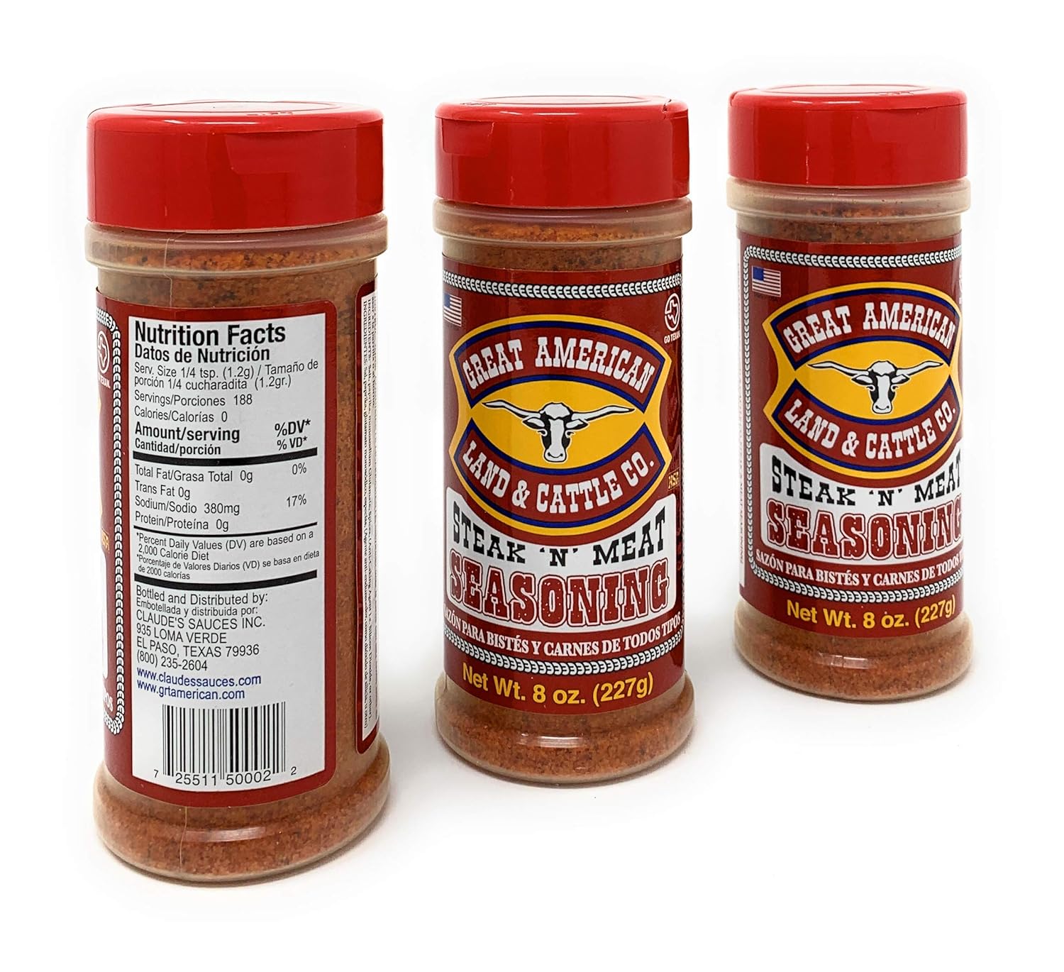 Great American Land & Cattle Steak N' Meat Seasoning 8oz Container (Pack of 3)