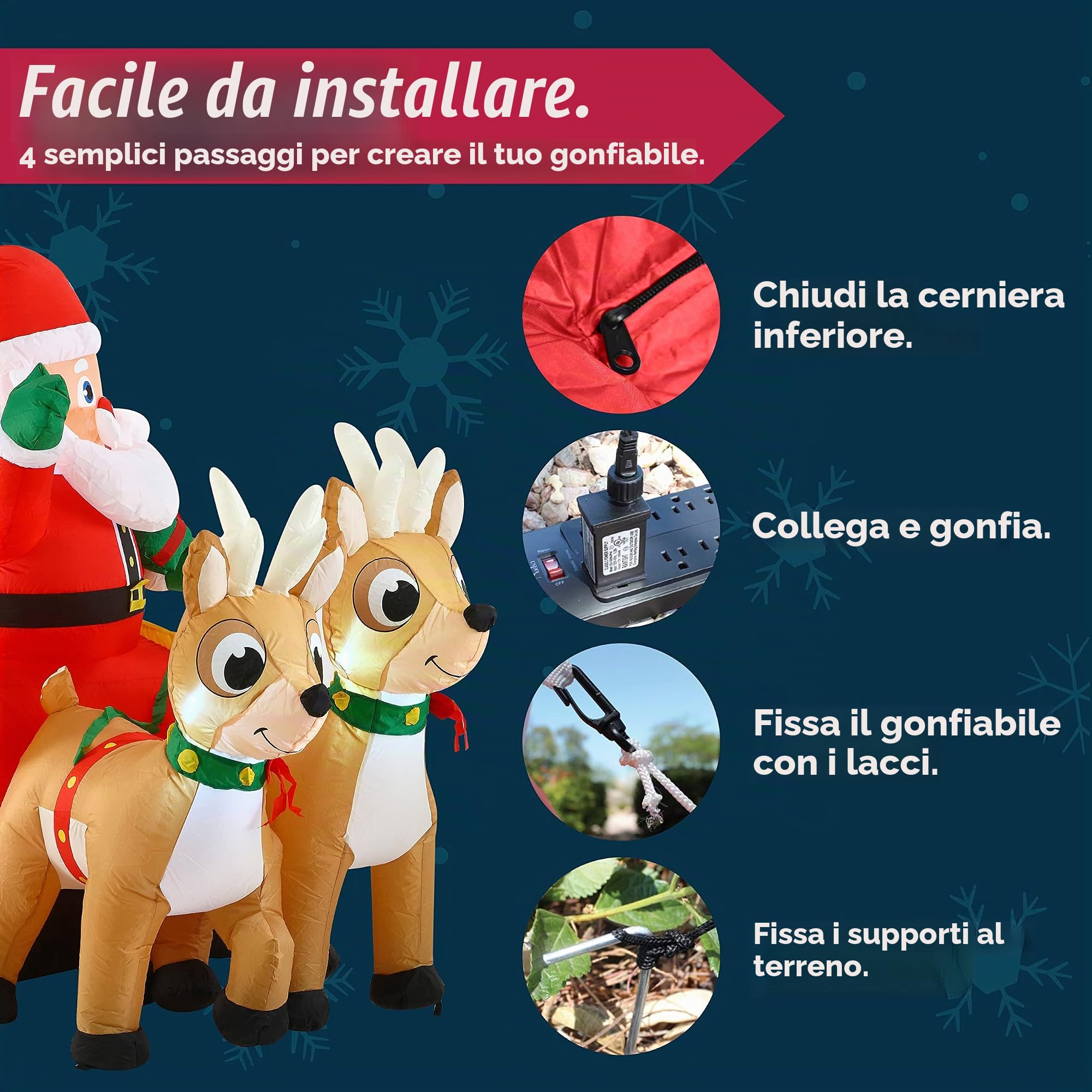 Joiedomi 1,82 m Light up Gigante Natale Gonfiabile Babbo Natale sulla slitta con build-in LEDs perfetto per Blow-up Giardino interni ed esterni decorazione per Vacanza per Festa
