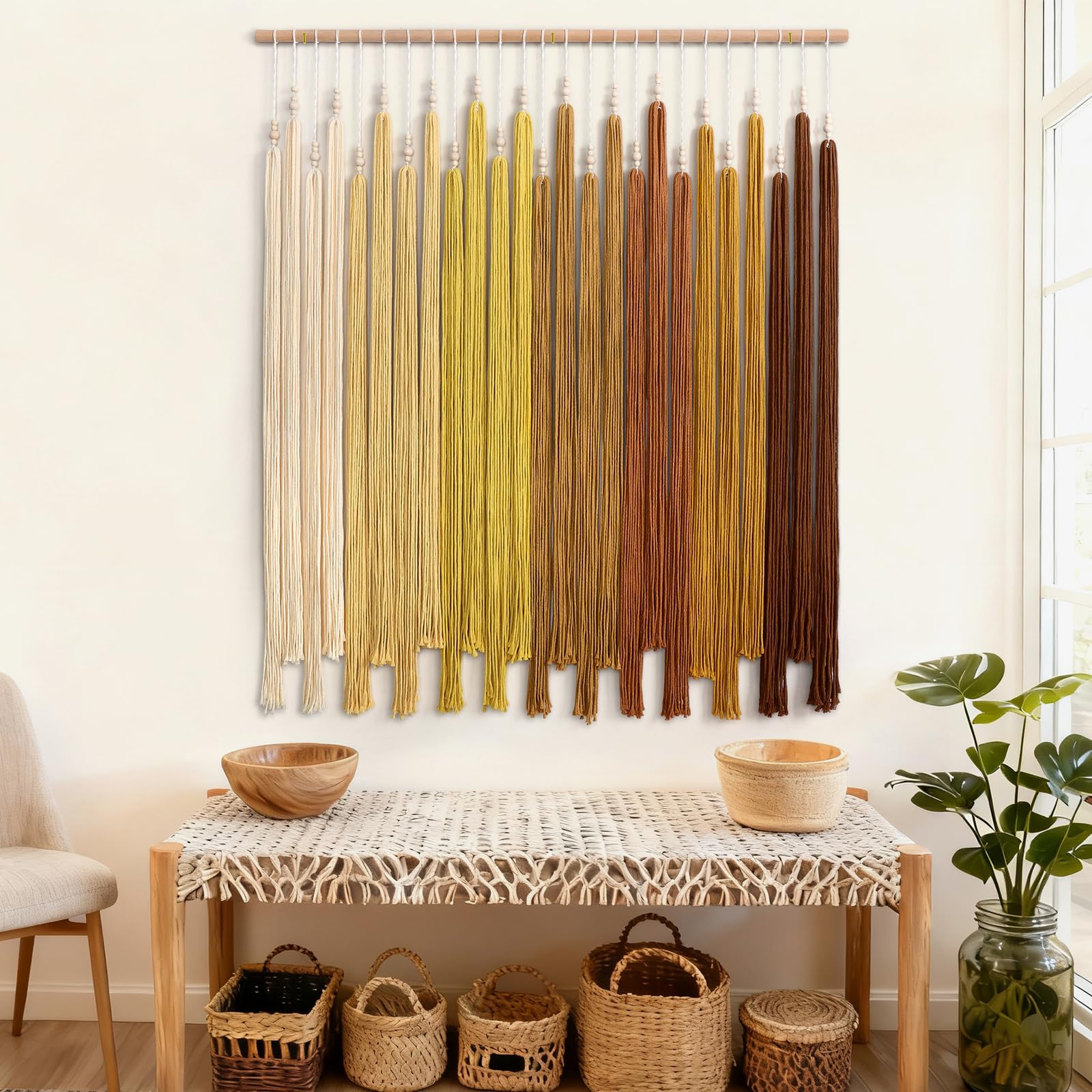 UXORSN Arazzo da parete grande macramè, stile bohémien, chic, con nappa, giallo, sfumato, geometrico, estetico, bohémien, tessuto a mano, per camera da letto, soggiorno, ufficio, decorazione da parete
