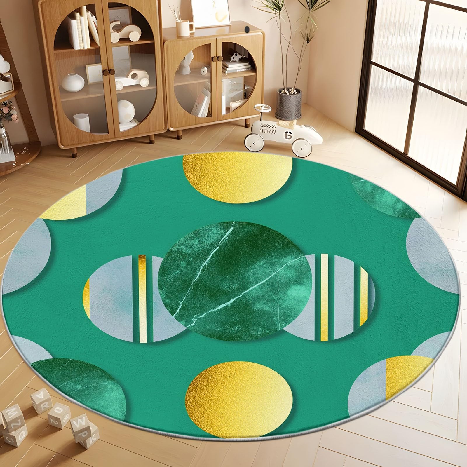Rond Tapis Salon Vert, Moquette Rayures Géométriques en Feuille d'or — Tapis Chambre de Décoration Poil Ras Lavable en Machine Paillasson Rond Antidérapant Salle a Manger Chambre Adulte, 210 cm