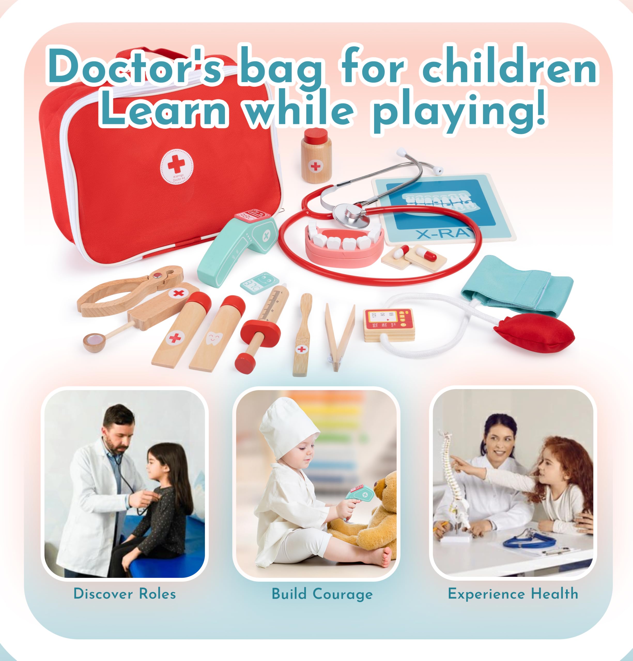 KidMigo Kids Doctors Set Dentist Role Pretend Play Wooden Toddler Toys for Kids Dress Up Costumes Gifts for Girls Boys Age 3 Stethoscope for Doctors Playsets - Image 4